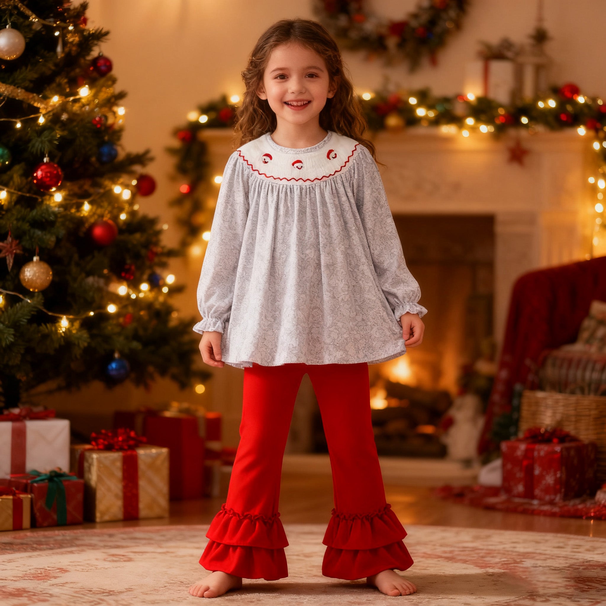 (In Stock)Girls Christmas Embroidery Smocked Outfit Set