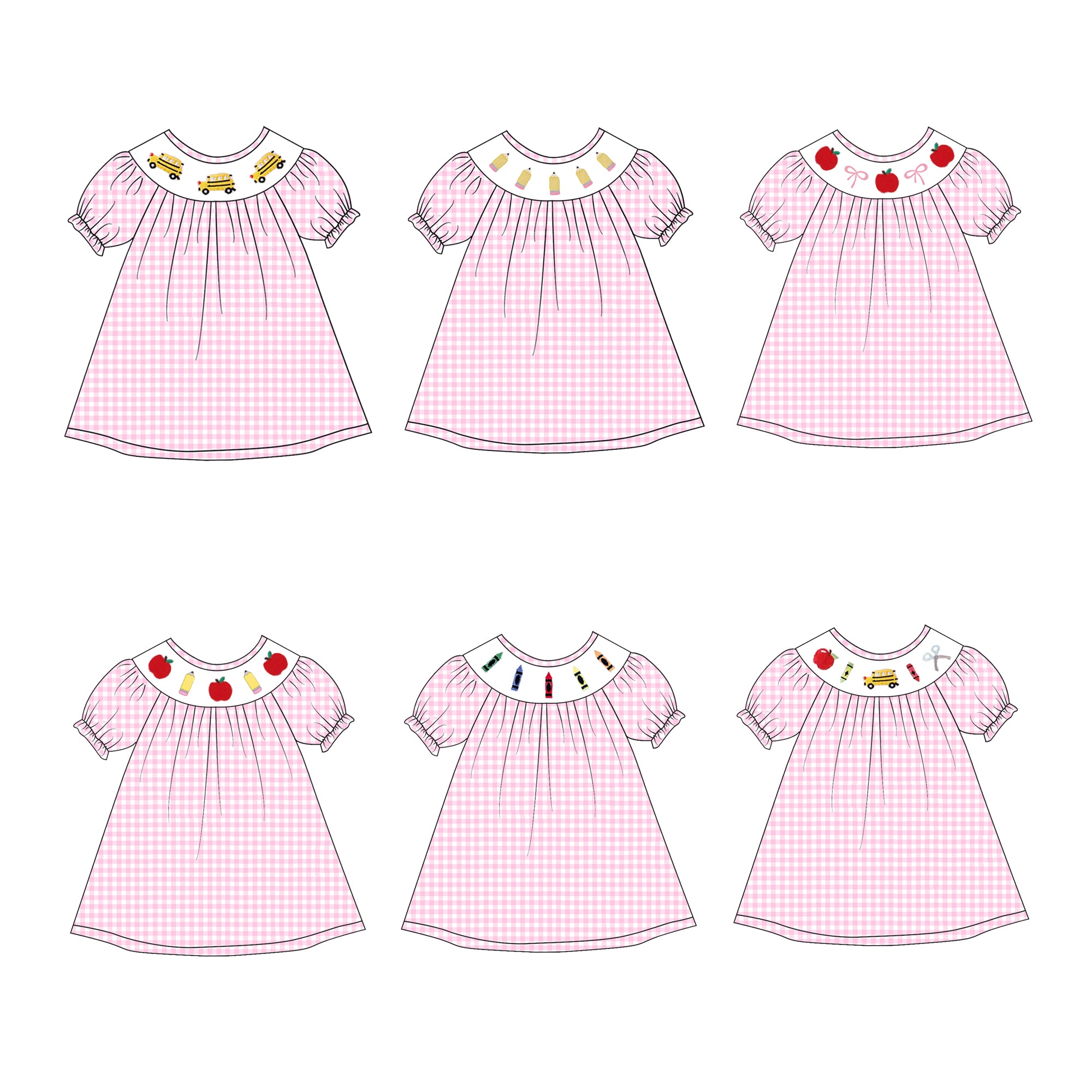 (Pre Order)Girls Pink Plaid Back To School Embroidery Smocked Dress