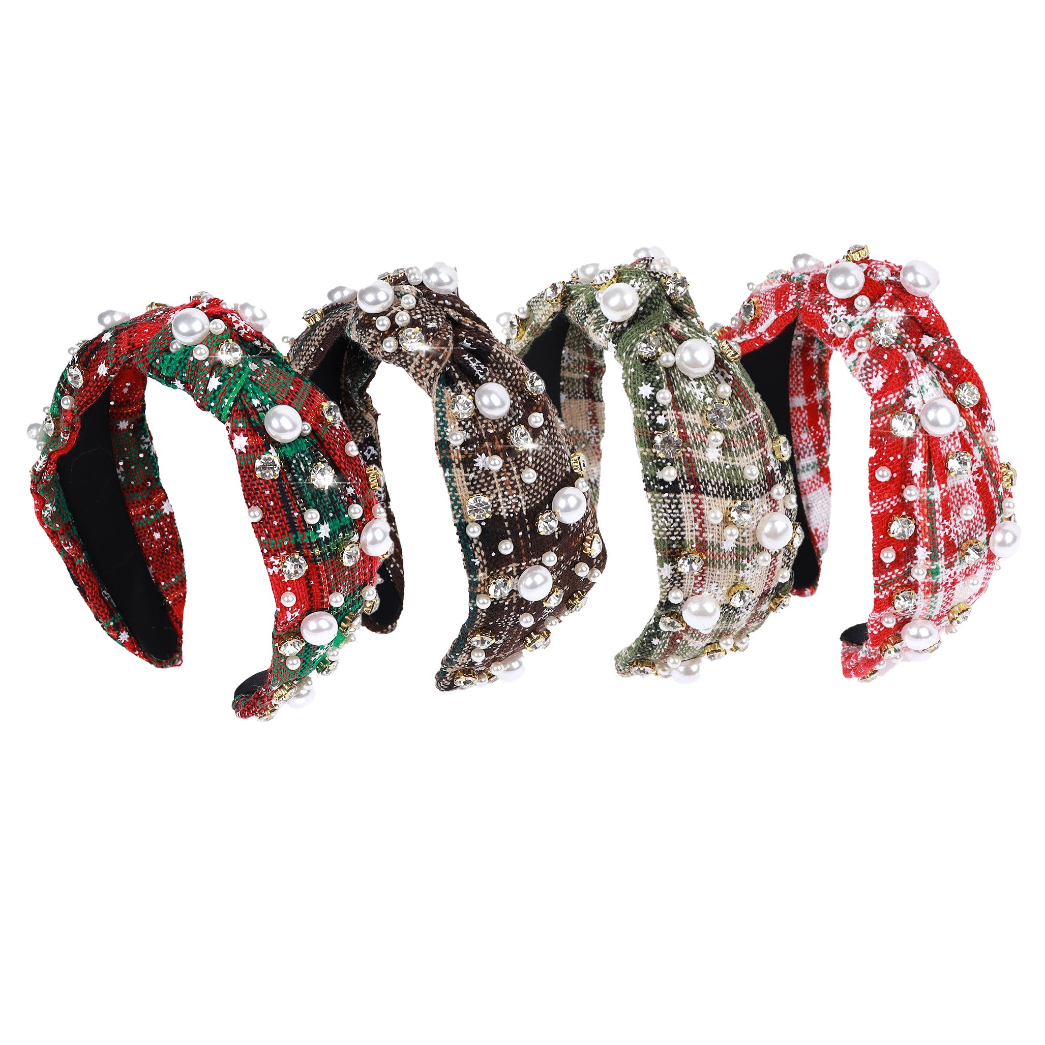 (Pre Order)Stylish Christmas Pearl Rhinestone Plaid Headband