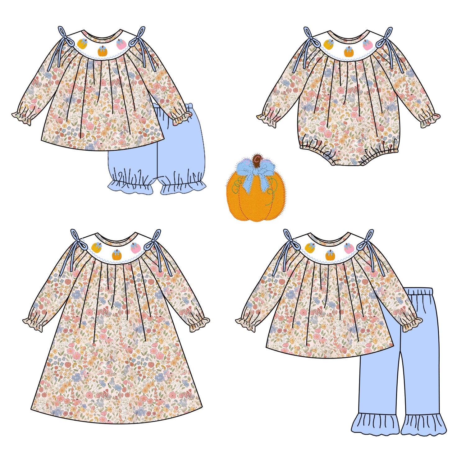 (Pre Order)Girls Halloween&Thanksgiving Pumpkin Embroidery Smocked Dress,Set&Romper