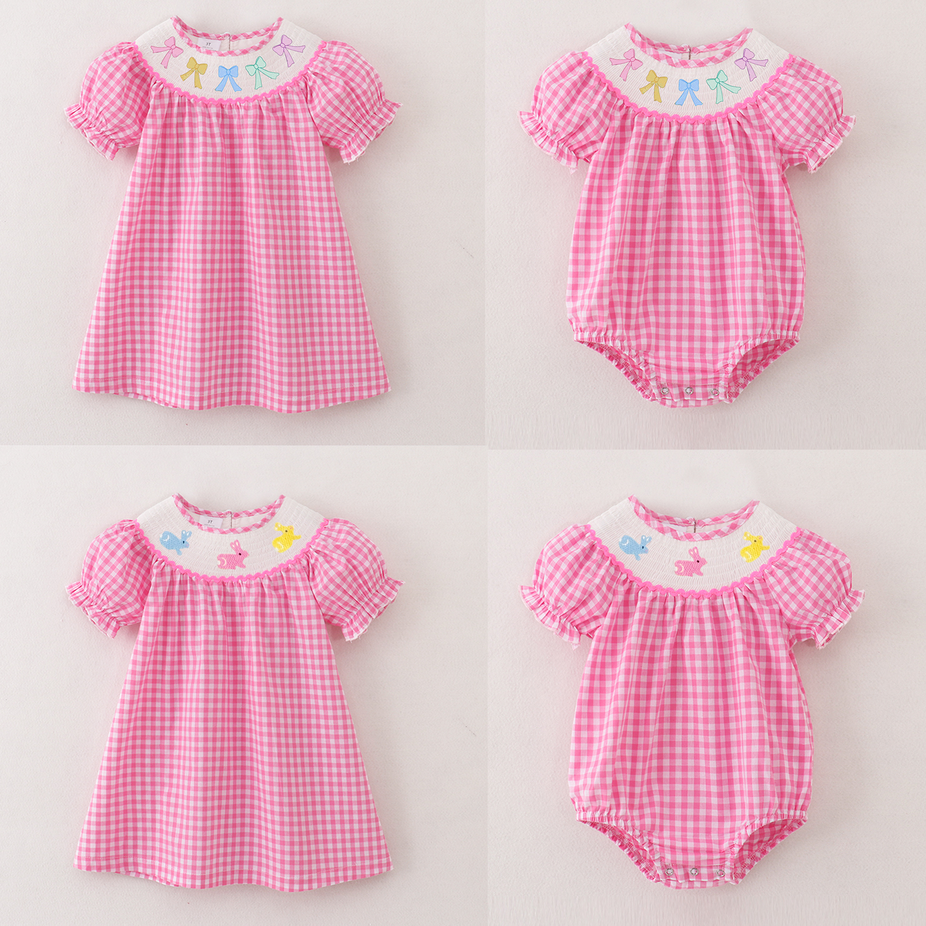 (Pre Order)Sisters Easter Bunny Embroidery Smocked Dress and Romper