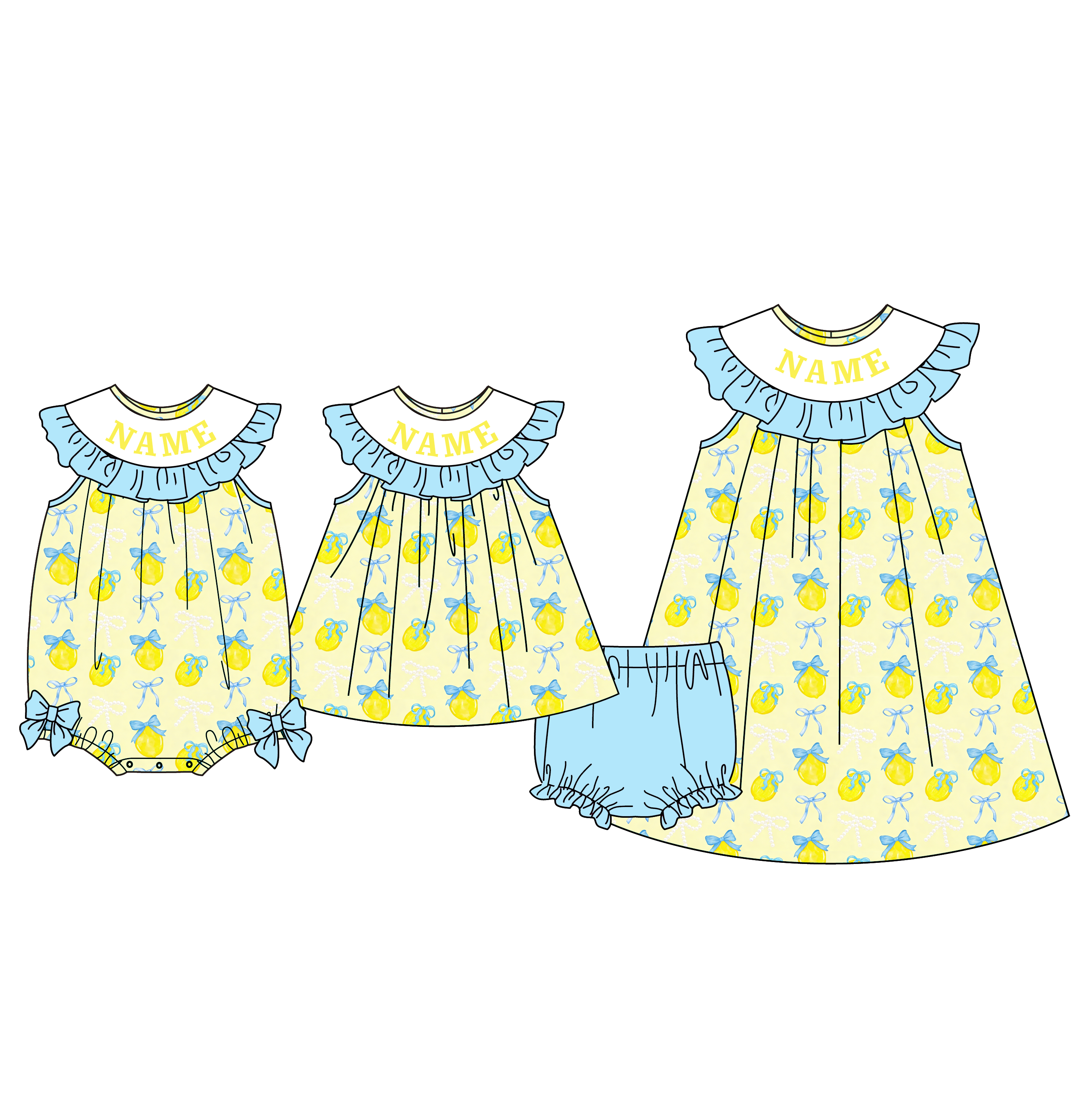 (Pre Order)Sisters Spring&Summer Lemon Embroidery Smocked Dress,Bloomer Set&Romper-Customized Name