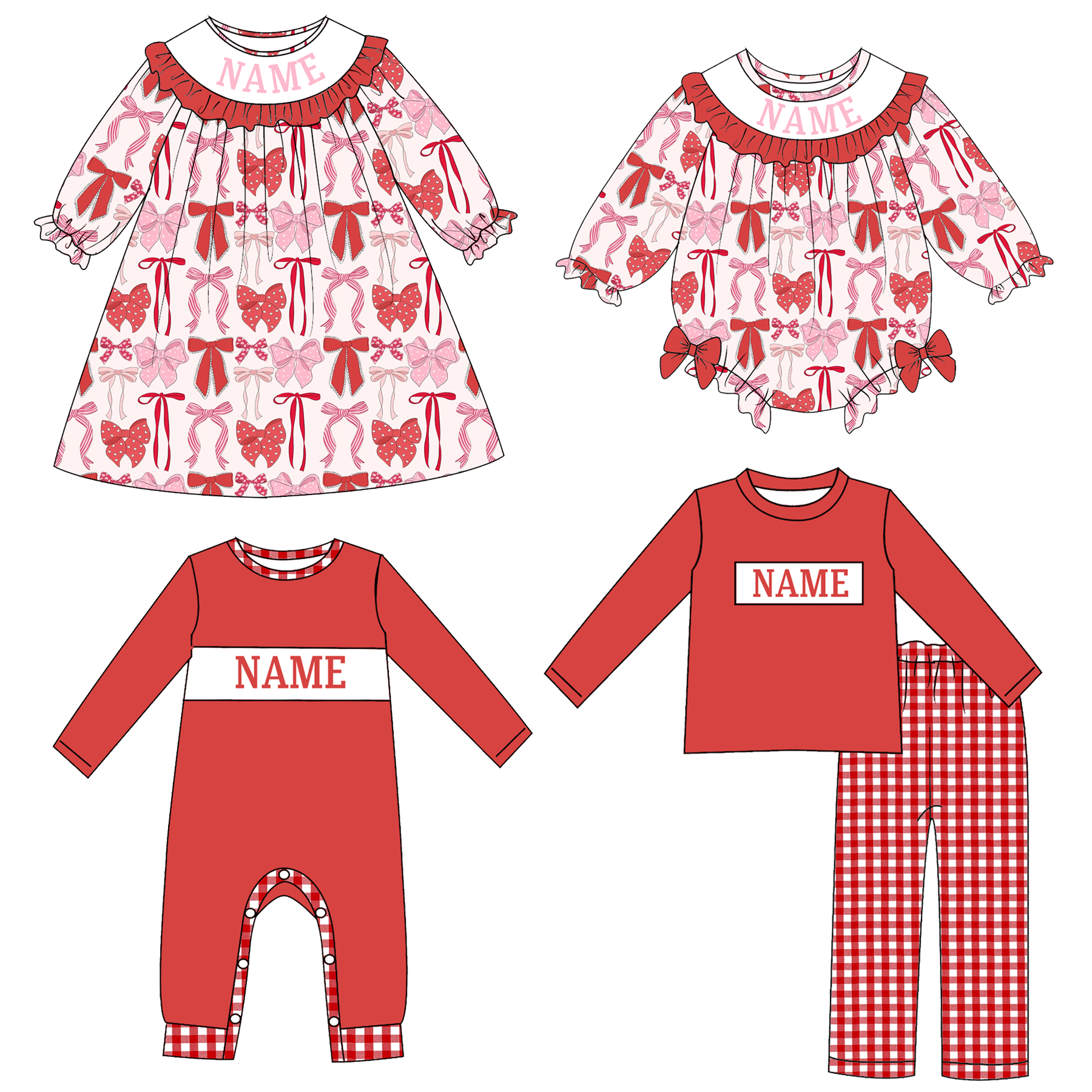 (Pre Order)Sblings Valentine's Day Embroidery Smocked Dress,Set&Romper