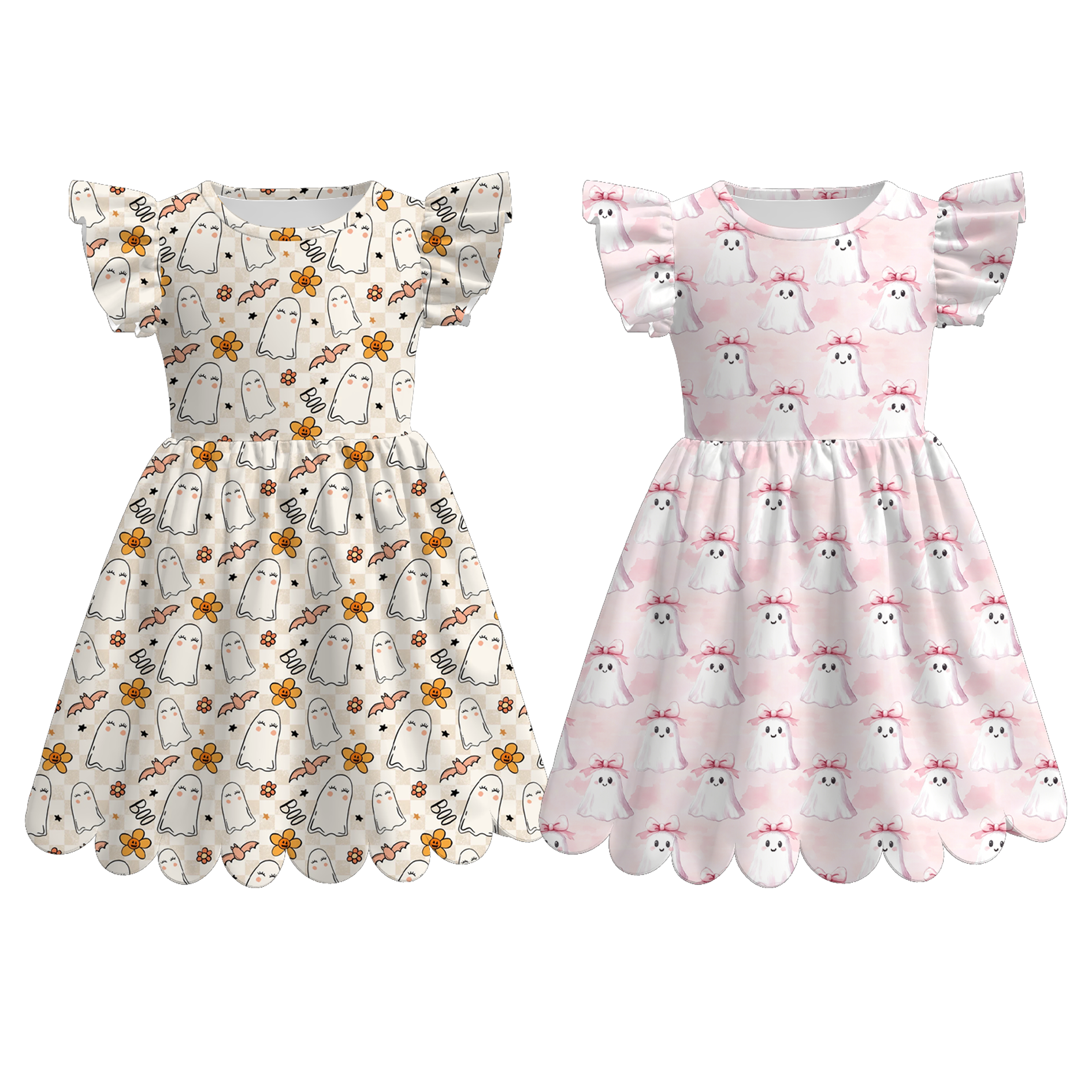 (Pre Order+Prepack Zone)Girls Halloween Ghost Print Scallop Dress