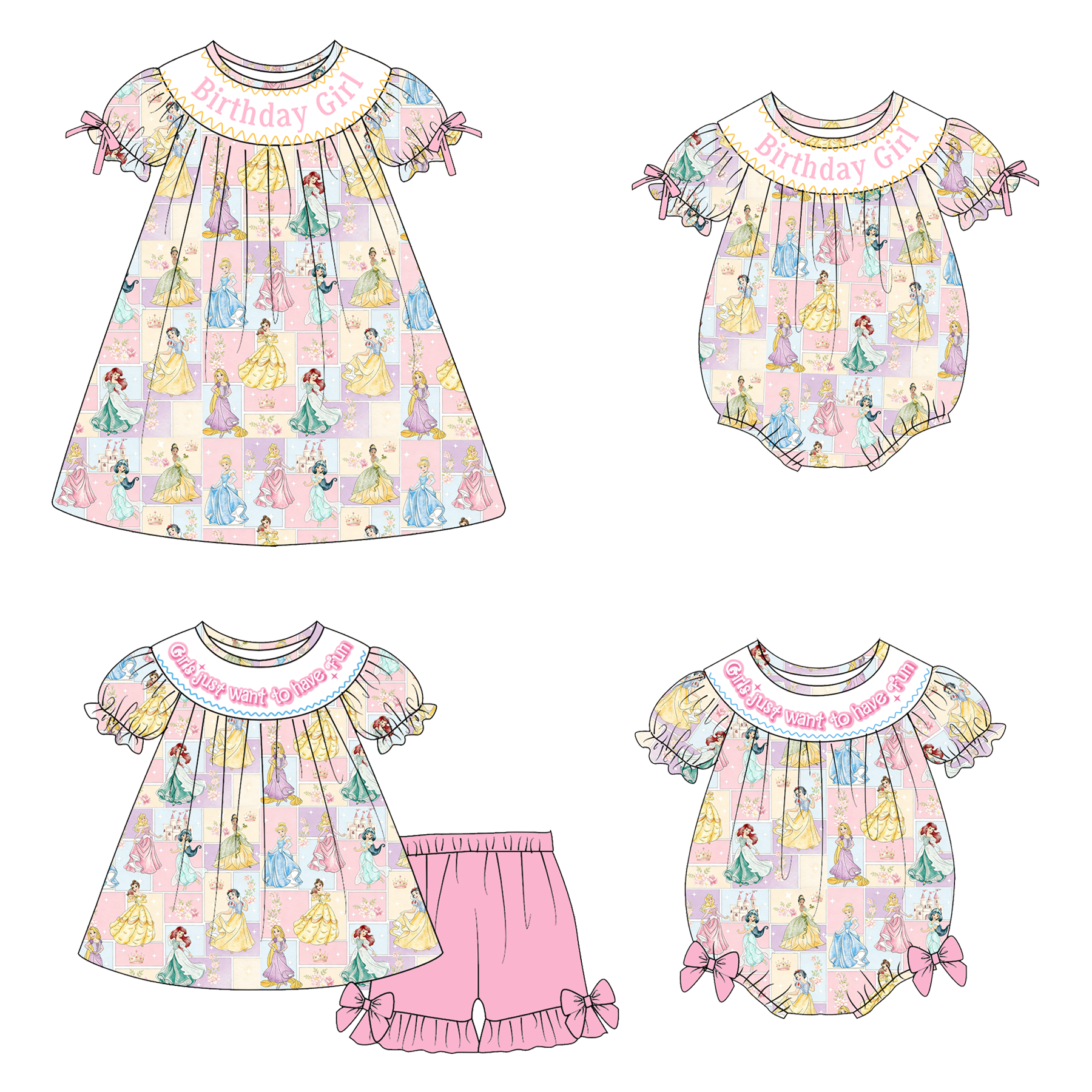 (Pre Order)Sisters Spring&Summer Princess Embroidery Smocked Shorts Set&Romper