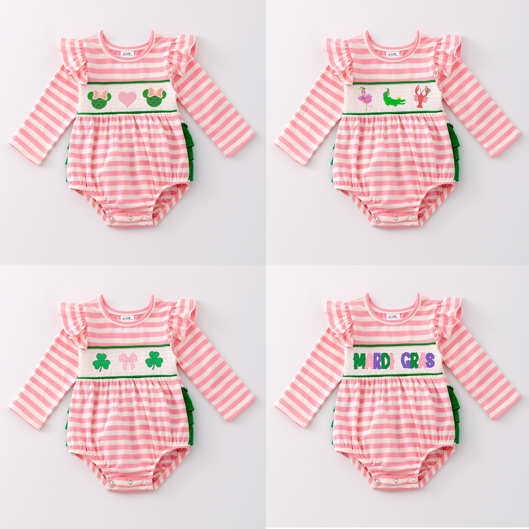 (Pre Order)Baby Girls St. Patrick's Day and Mardi Gras Embroidery Smocked Romper