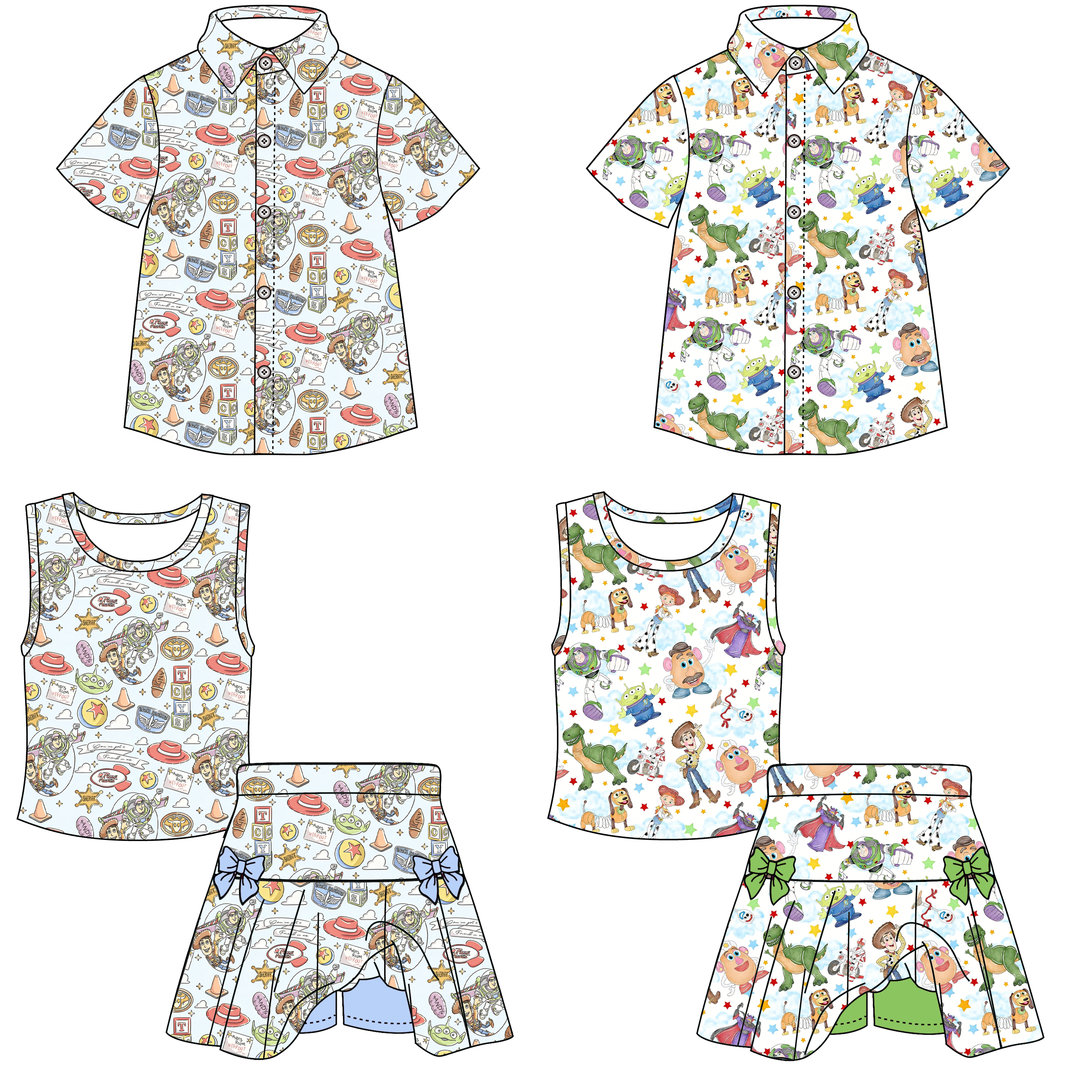 (Pre Order)Siblings Spring&Summer Cartoon Toy Print Skort Set&Top