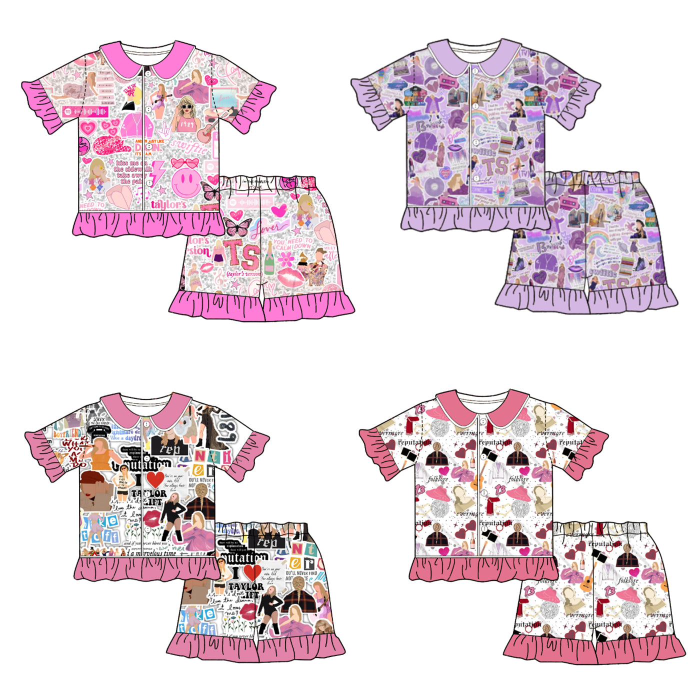 (Pre Order)Girls Summer TS Print Pajamas Ruffled Short Set