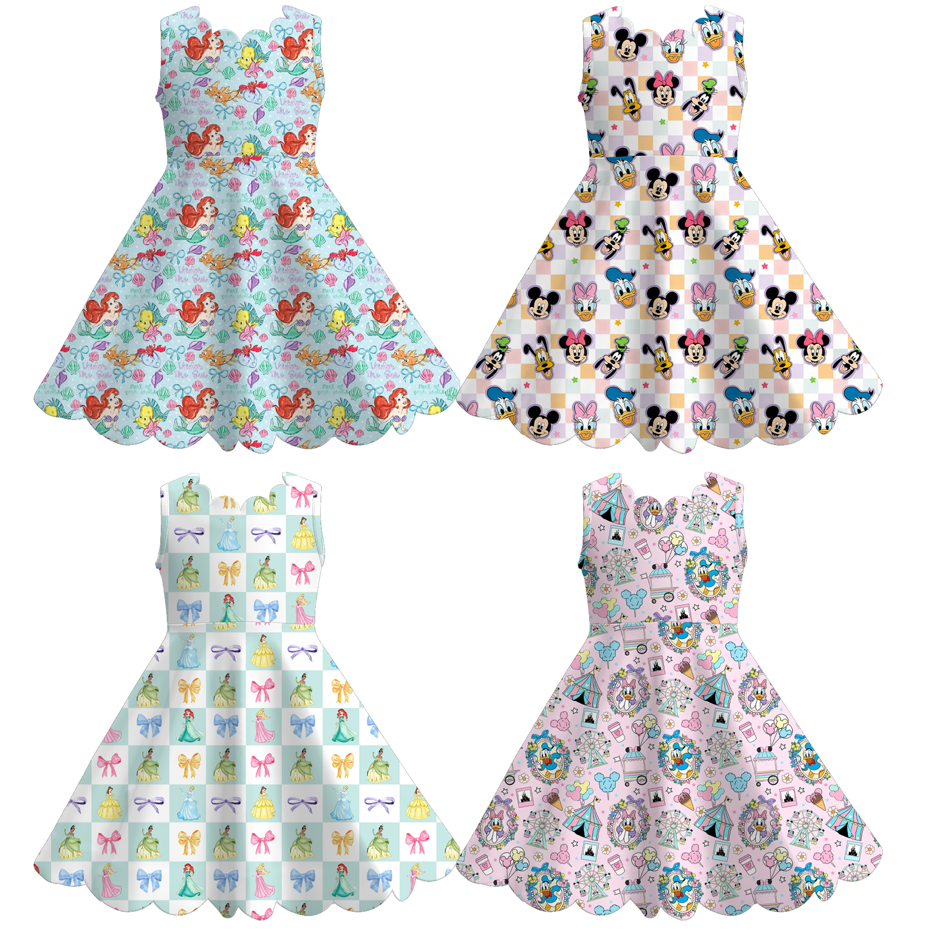 (Pre Order+Prepack Zone)Girls Cartoon&Princess Print Scallop Dress(Mix Size)