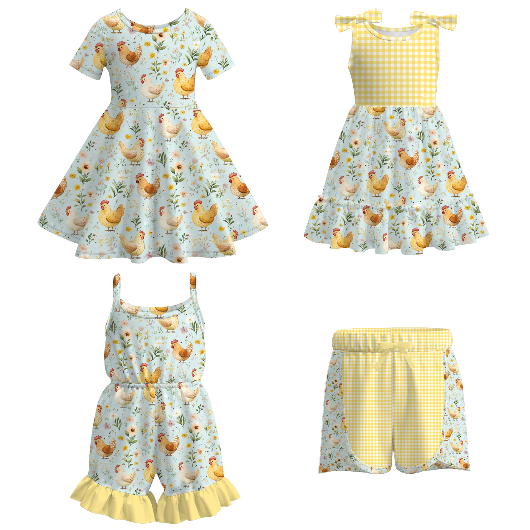 (Pre Order)Girls Spring and Summer Farm Print Dress,Shorts and Jumpsuit