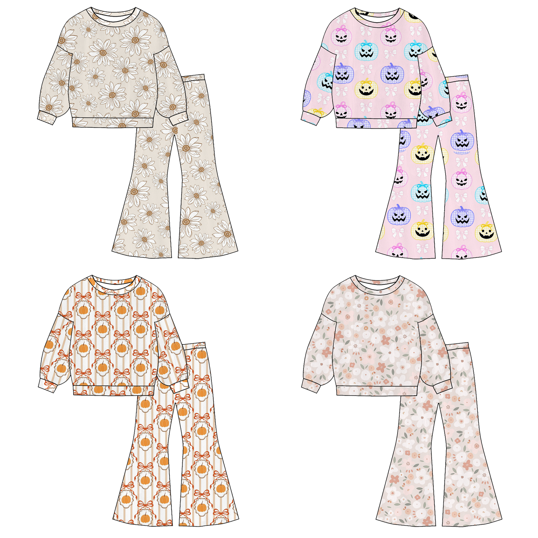 (Pre Order)Girls Fall Pumpkin&Floral Print Twill Sweatshirt Suit