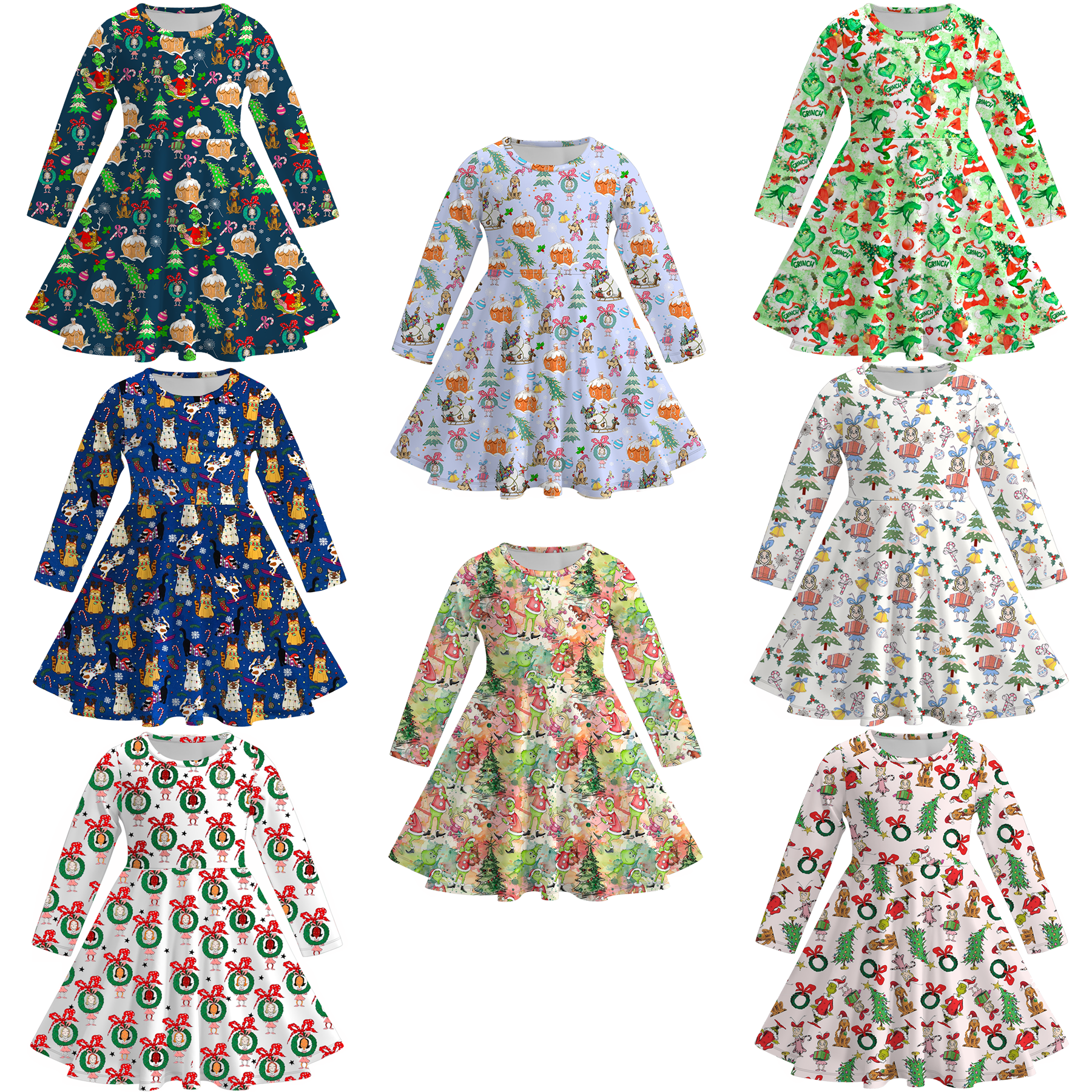 (Pre Order)Girls Christmas Cute Cartoon Print Dress