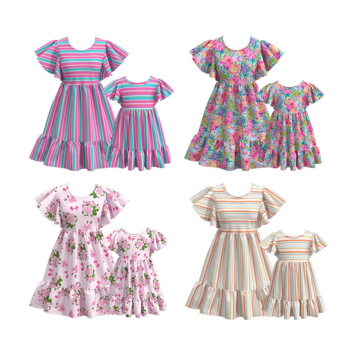 (Pre Order)Summer Floral Stripes Mommy and Me Dress