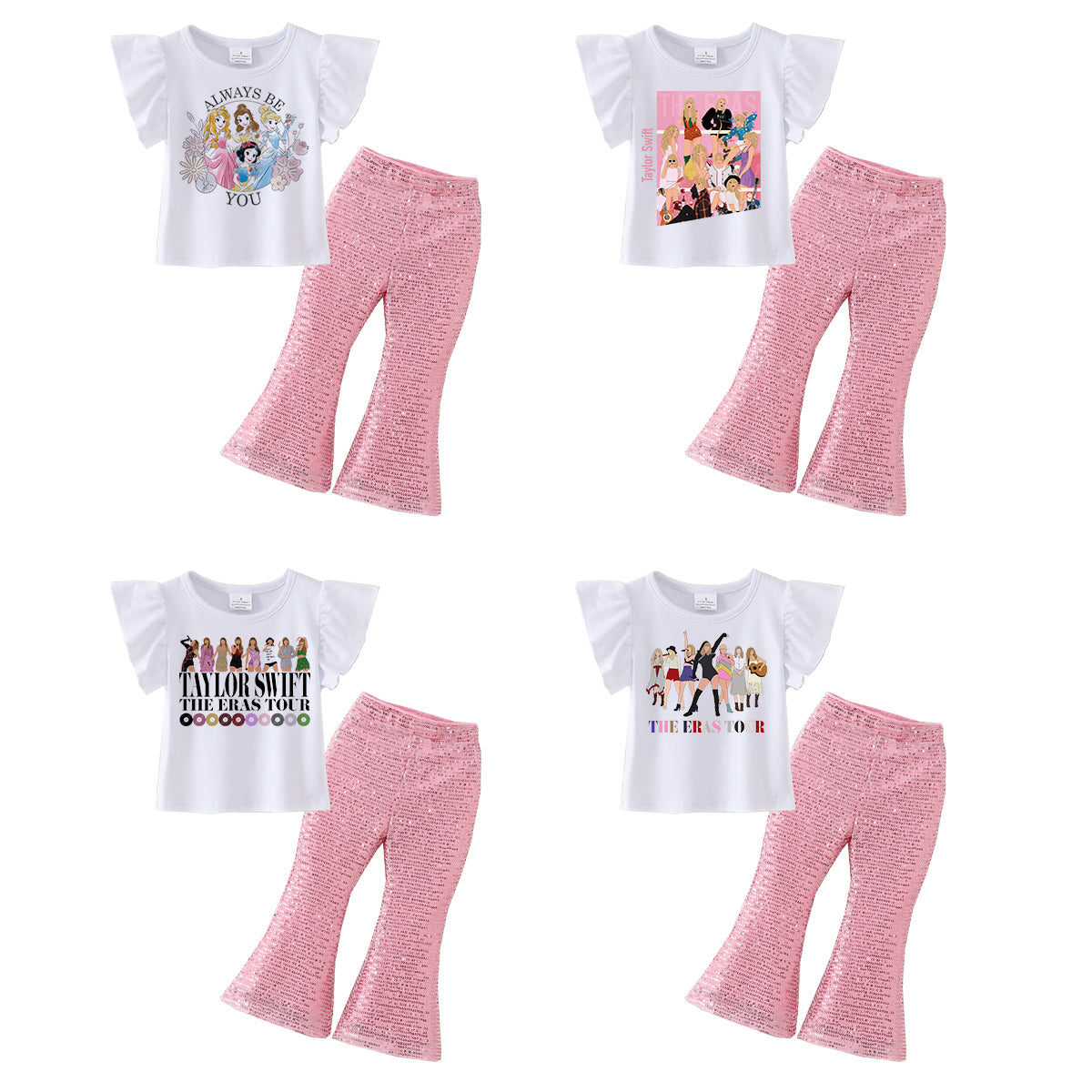(Pre Order)Girls Cotton Print Top Pink Sequins Flare Pant Set