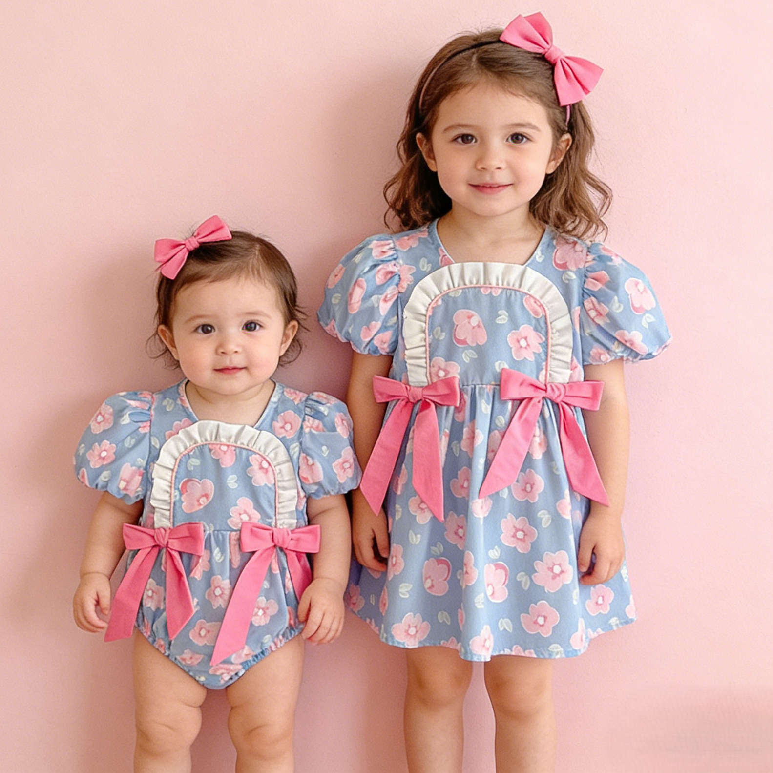 (In Production)Sisters Spring&Summer Floral Print Bow Dress,Romper