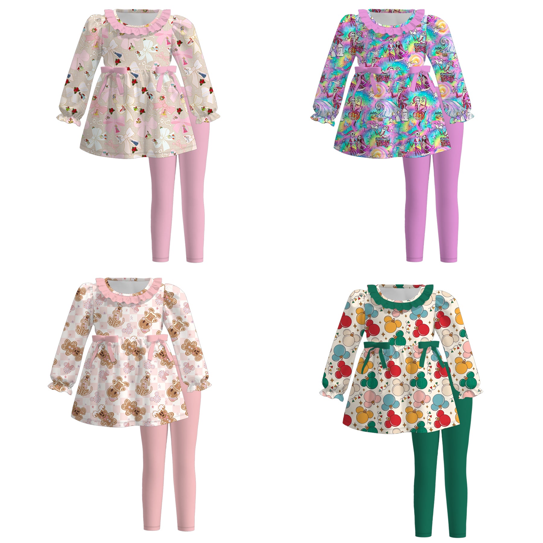 (Pre Order)Girls Christmas Cartoon Print Outfit Set