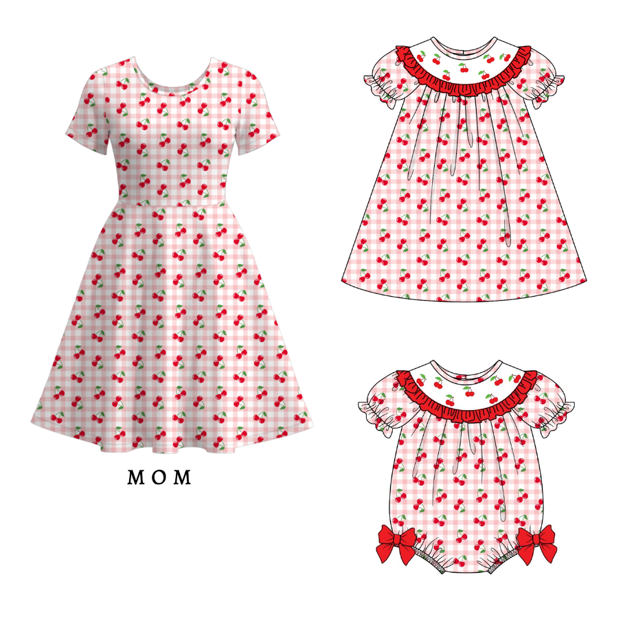 (Pre Order)Mommy and Me Spring&Summer Cherry Embroidery Smocked Dress,Romper