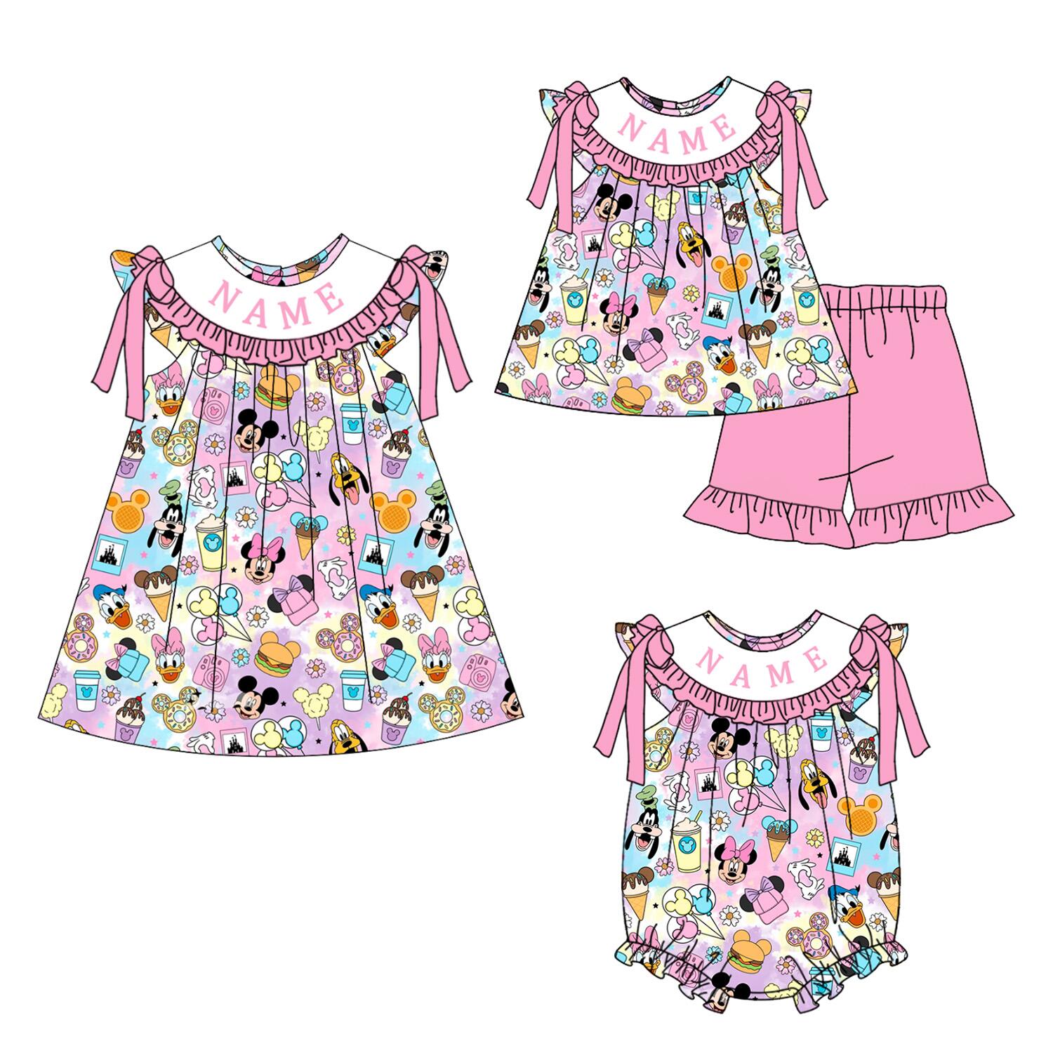 (Pre Order)Sisters Spring&Summer Cartoon Embroidery Smocked Dress,Set&Romper-Customized name