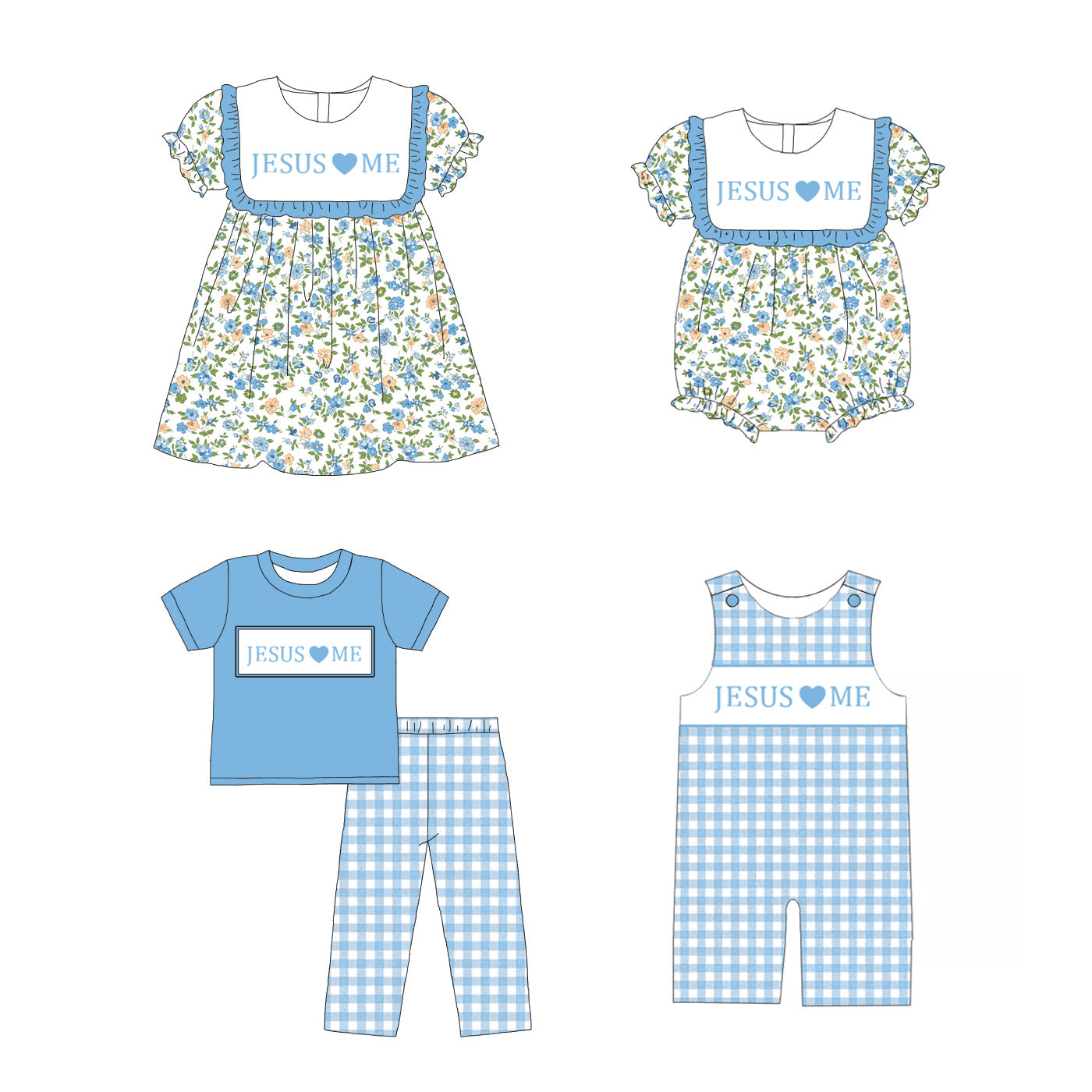 (Pre Order)Sibling Summer JESUS♥ME Embroidery Smocked Dress,Romper&Shorts Set