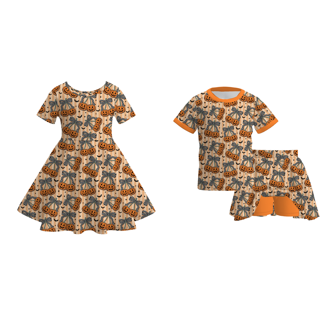 (Pre Order)Girls Halloween Pumpkin Print Dress,Set