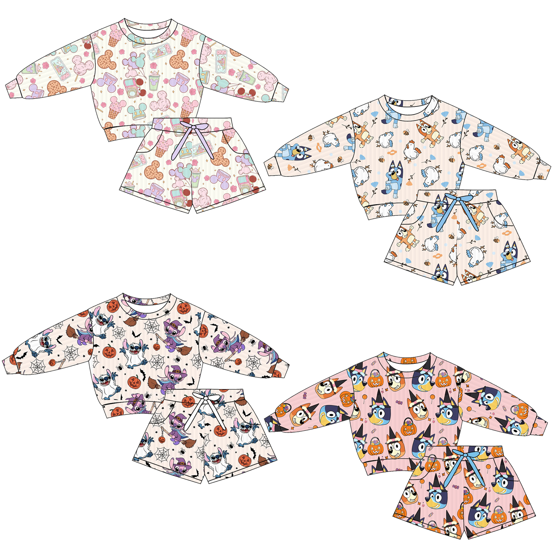 (Pre Order)Girls Halloween Cartoon Print Shorts Set with Pockets