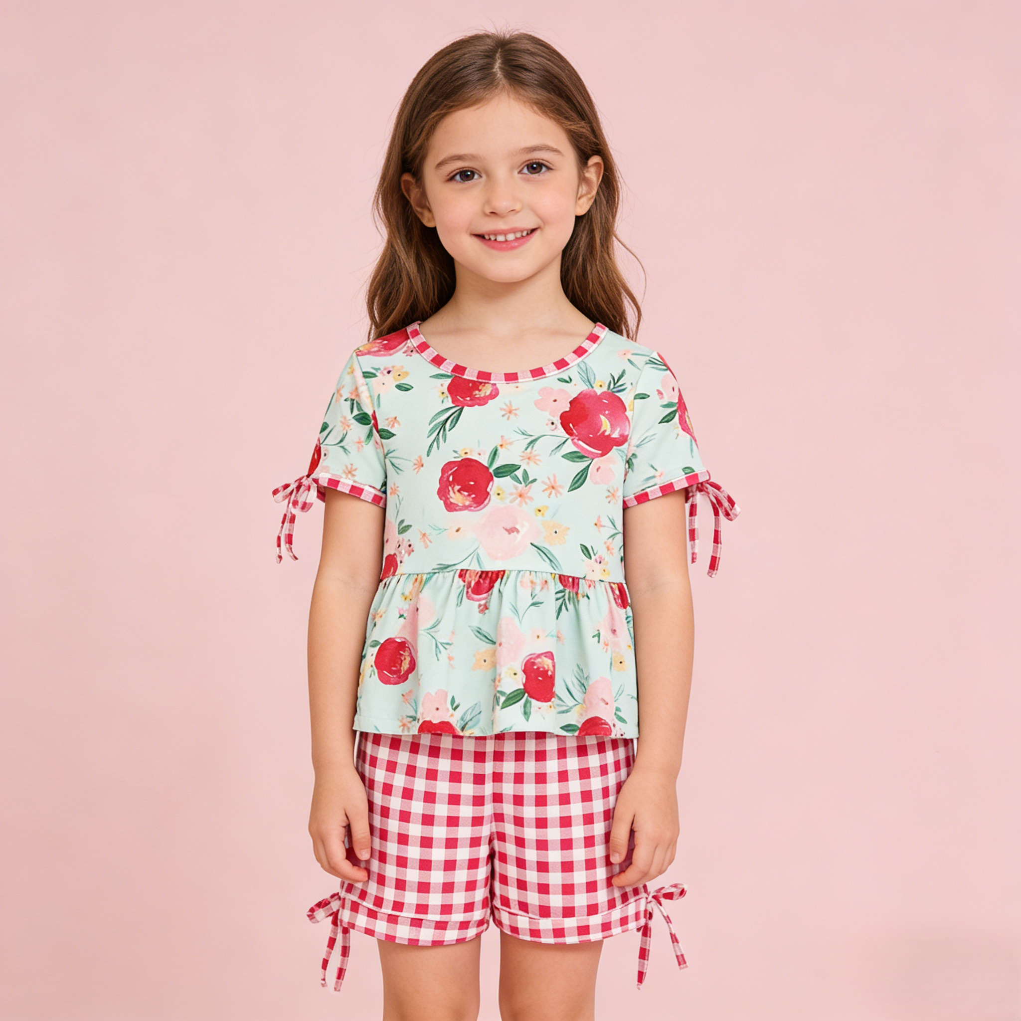 (In Stock)Girls Spring and Summer Floral Print Short Set