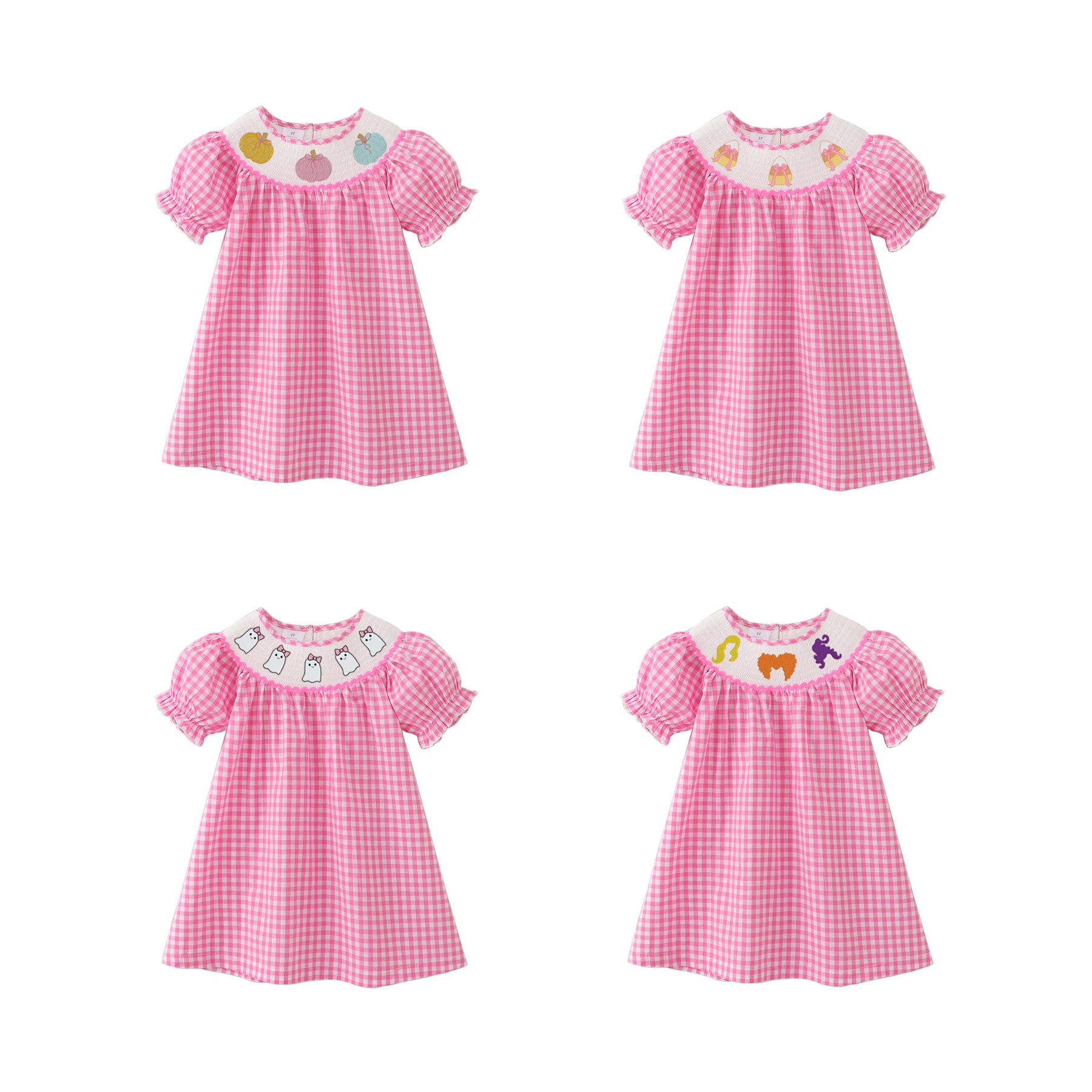 (Pre Order)Girls Pink Plaid Halloween Embroidery Smocked Dress