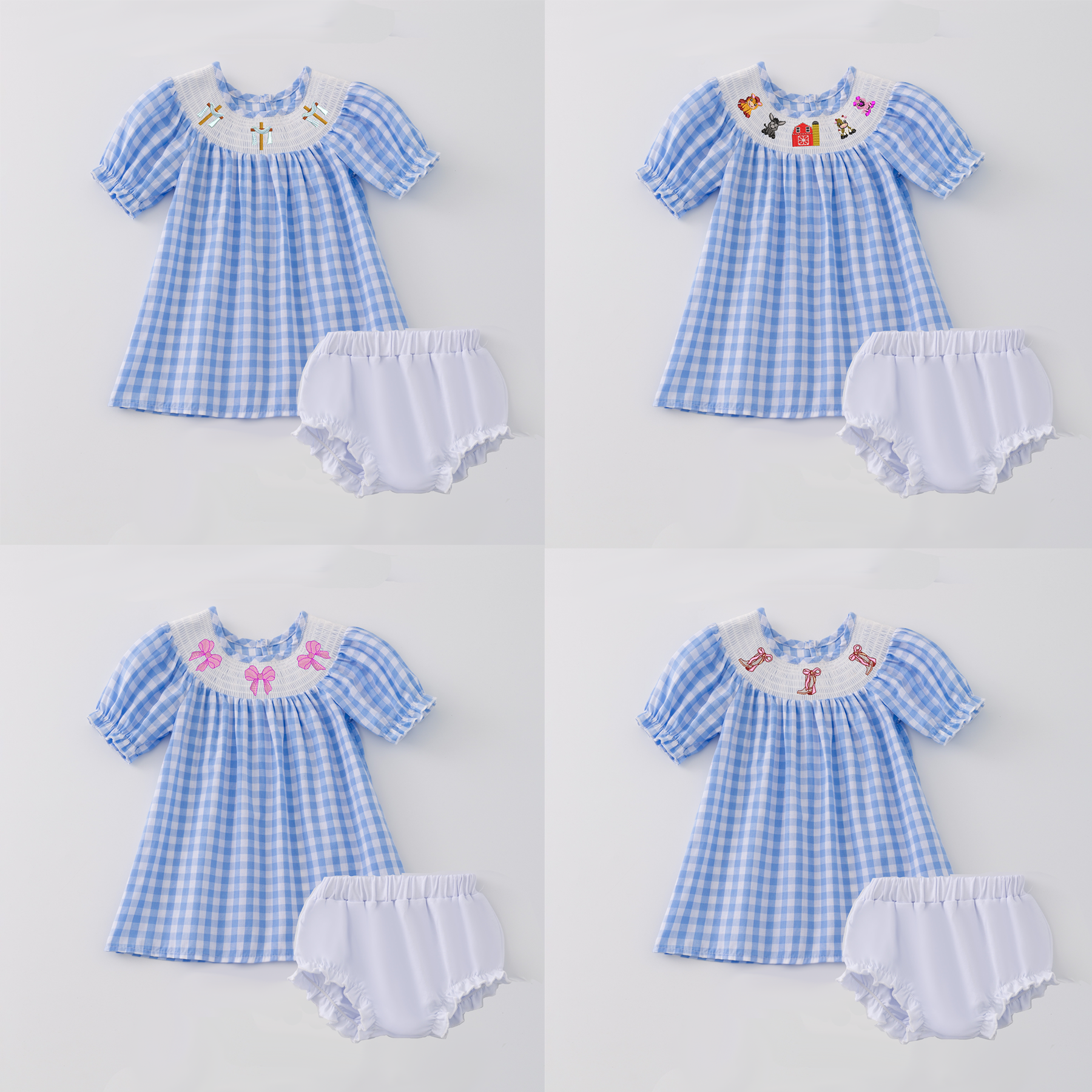 (Pre Order)Baby Girls Farm Embroidery Smocked Bloomer Set