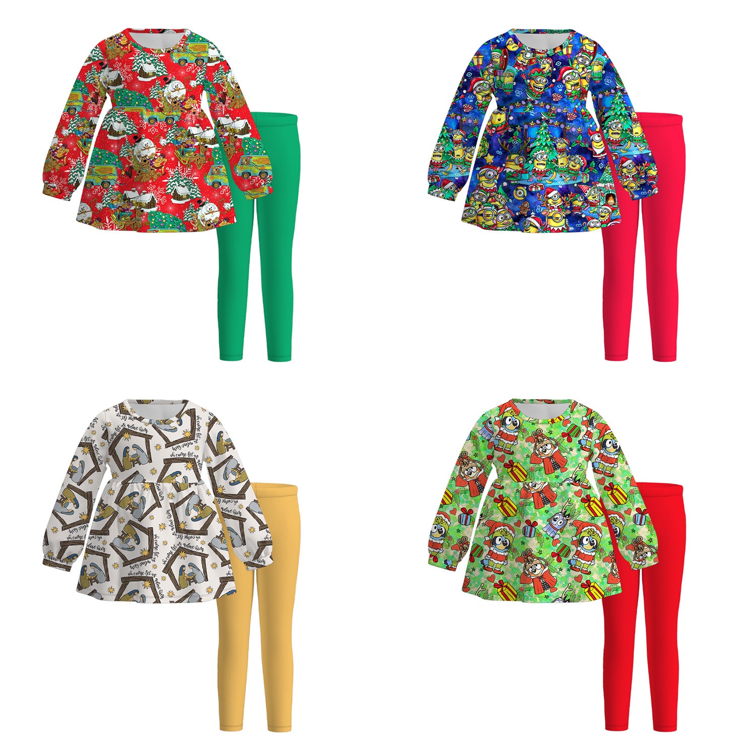(Pre Order)Girls Christmas Cartoon Print Outfit Set