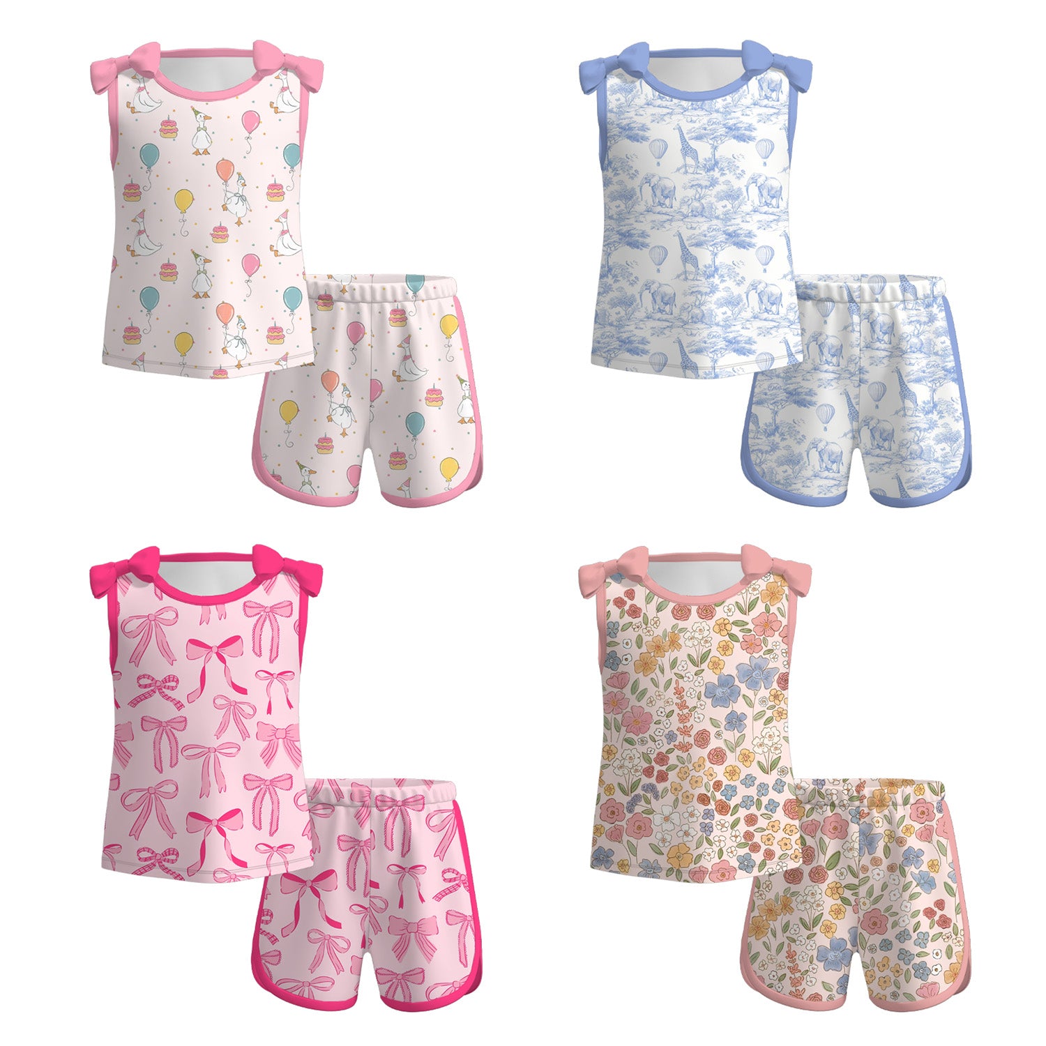 (Pre Order)Girls Spring and Summer Bow&Floral Print Shorts Set