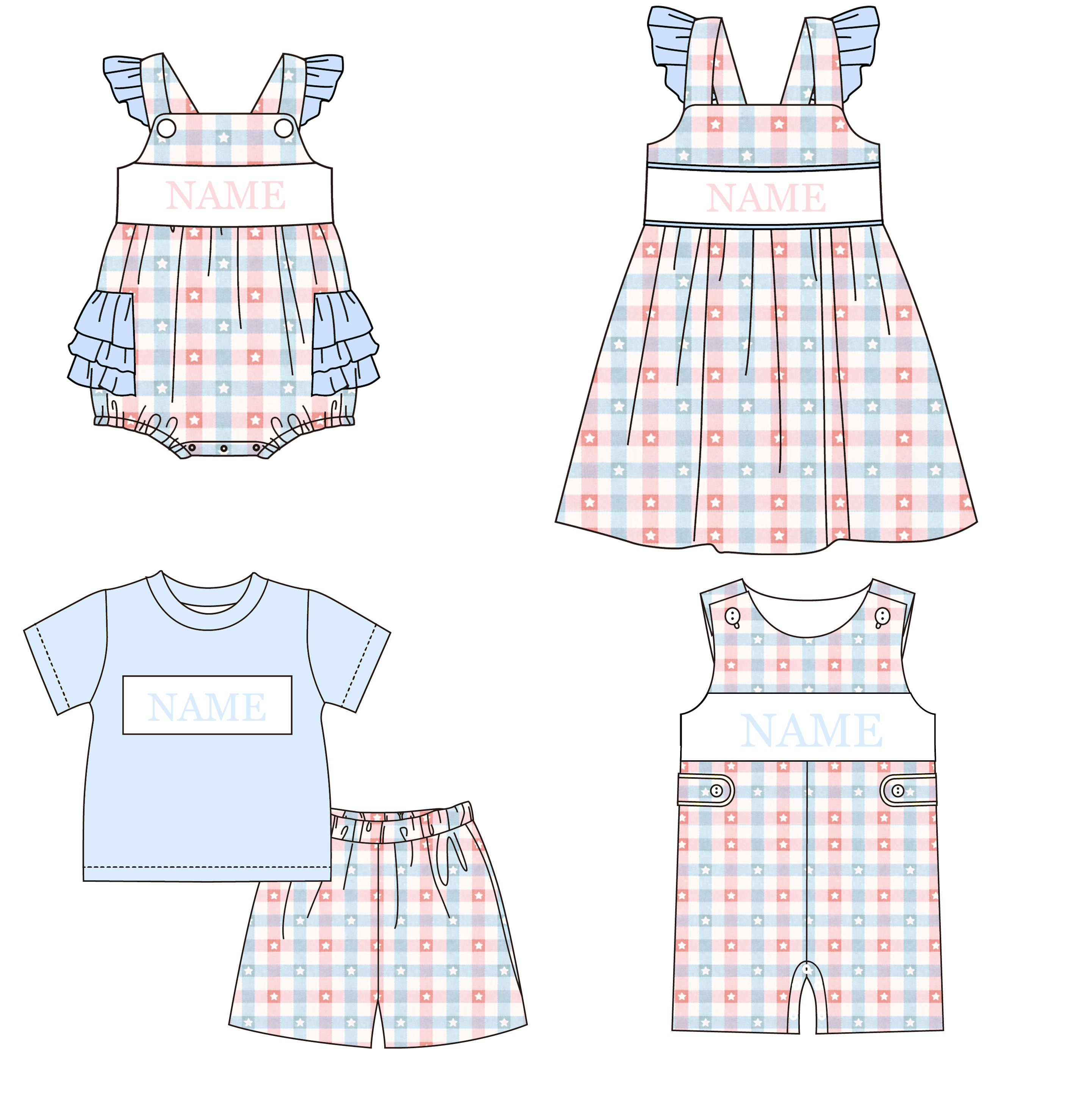 (Pre Order)Siblings Patriotic Embroidery Smocked Dress,Set&Romper