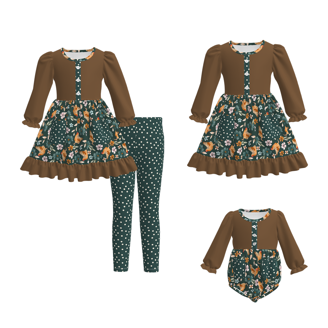 (Pre Order)Family Fall Chick Print Dress,Set&Romper