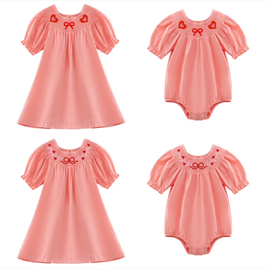 (Pre Order)Girls Valentine's Day Embroidery Smocked Dress and Romper