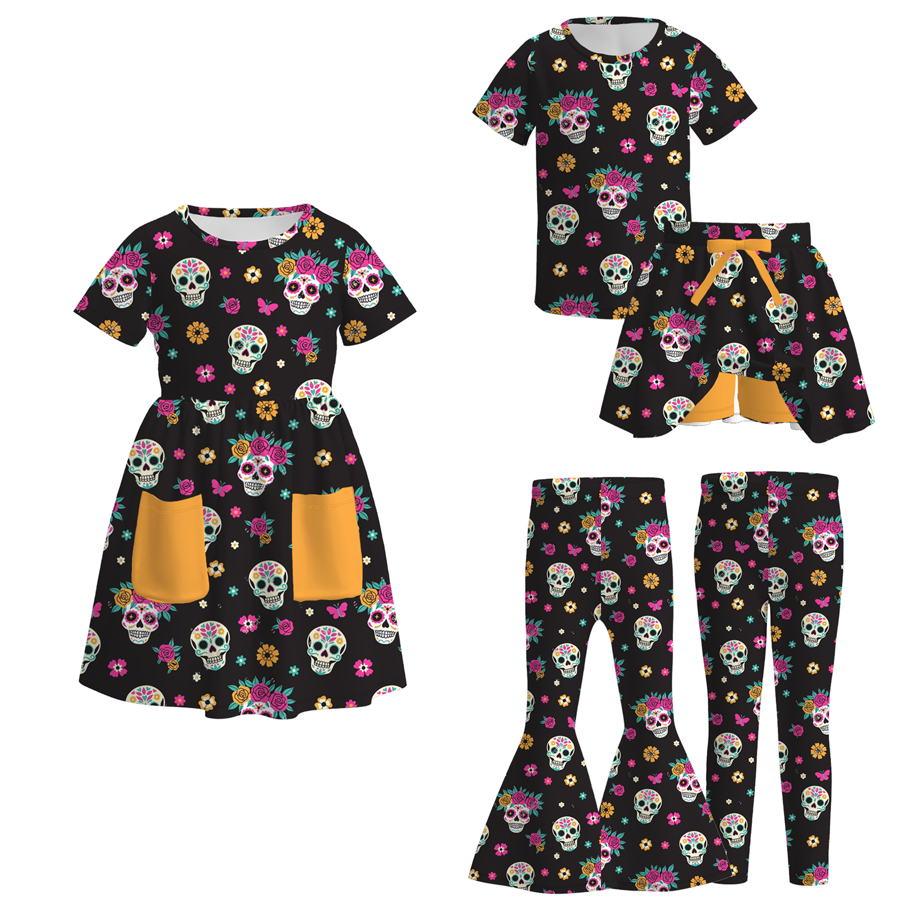 (Pre Order)Girls Halloween Sugar Skull Print Dress,Set&Pants