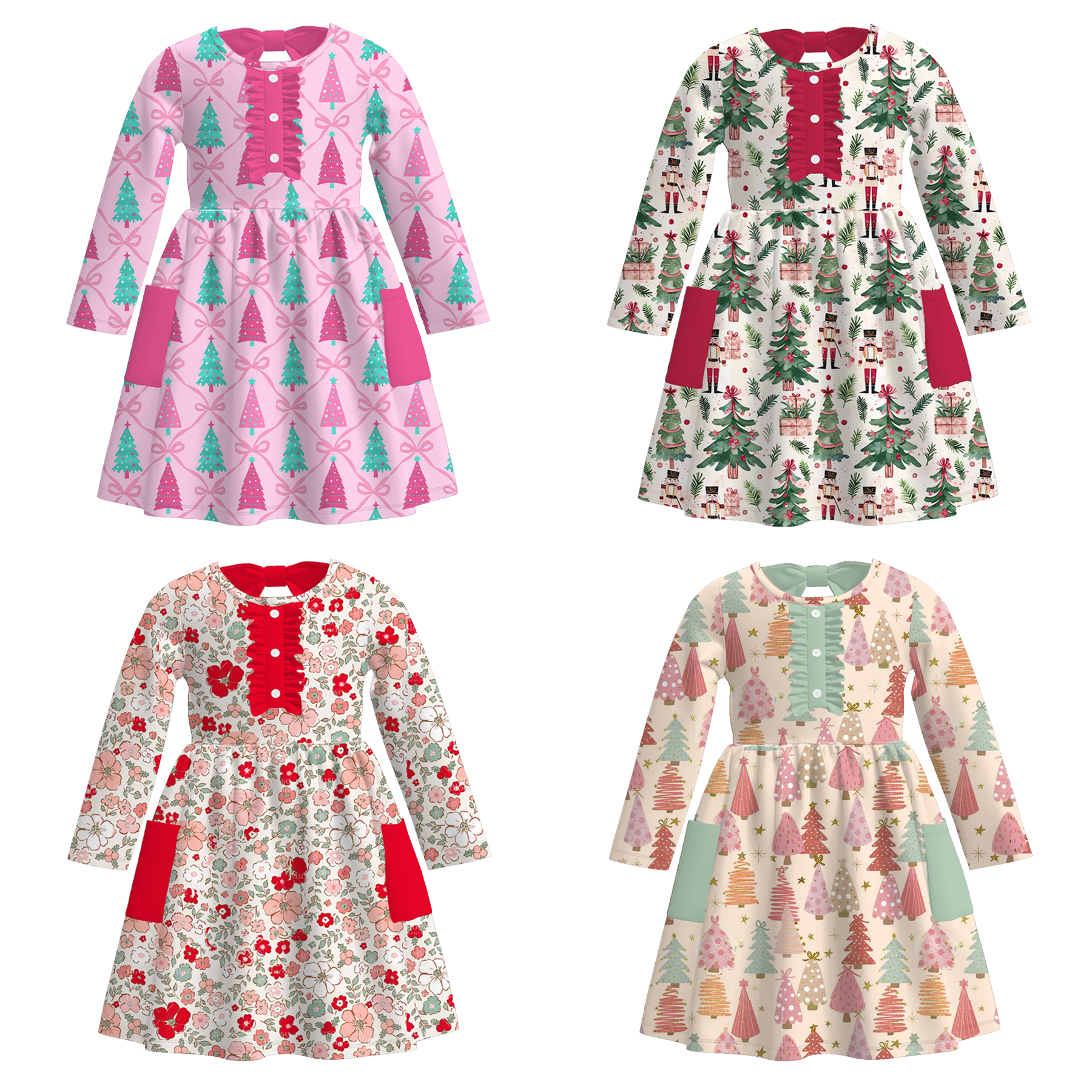 (Pre Order)Girls Christmas Tree Print Dress with Pockets