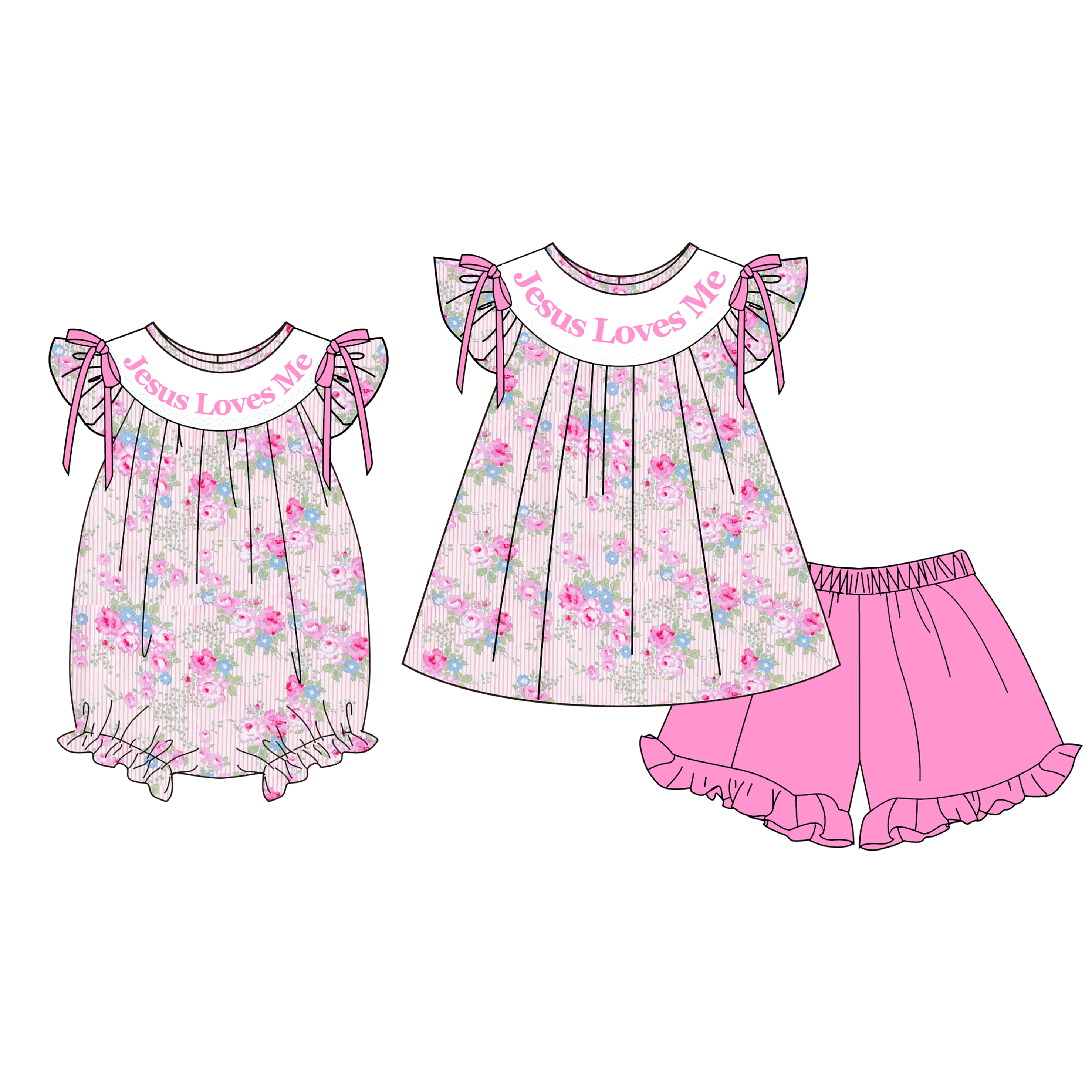 (Pre Order)Sisters Easter Embroidery Smocked Shorts Set&Romper