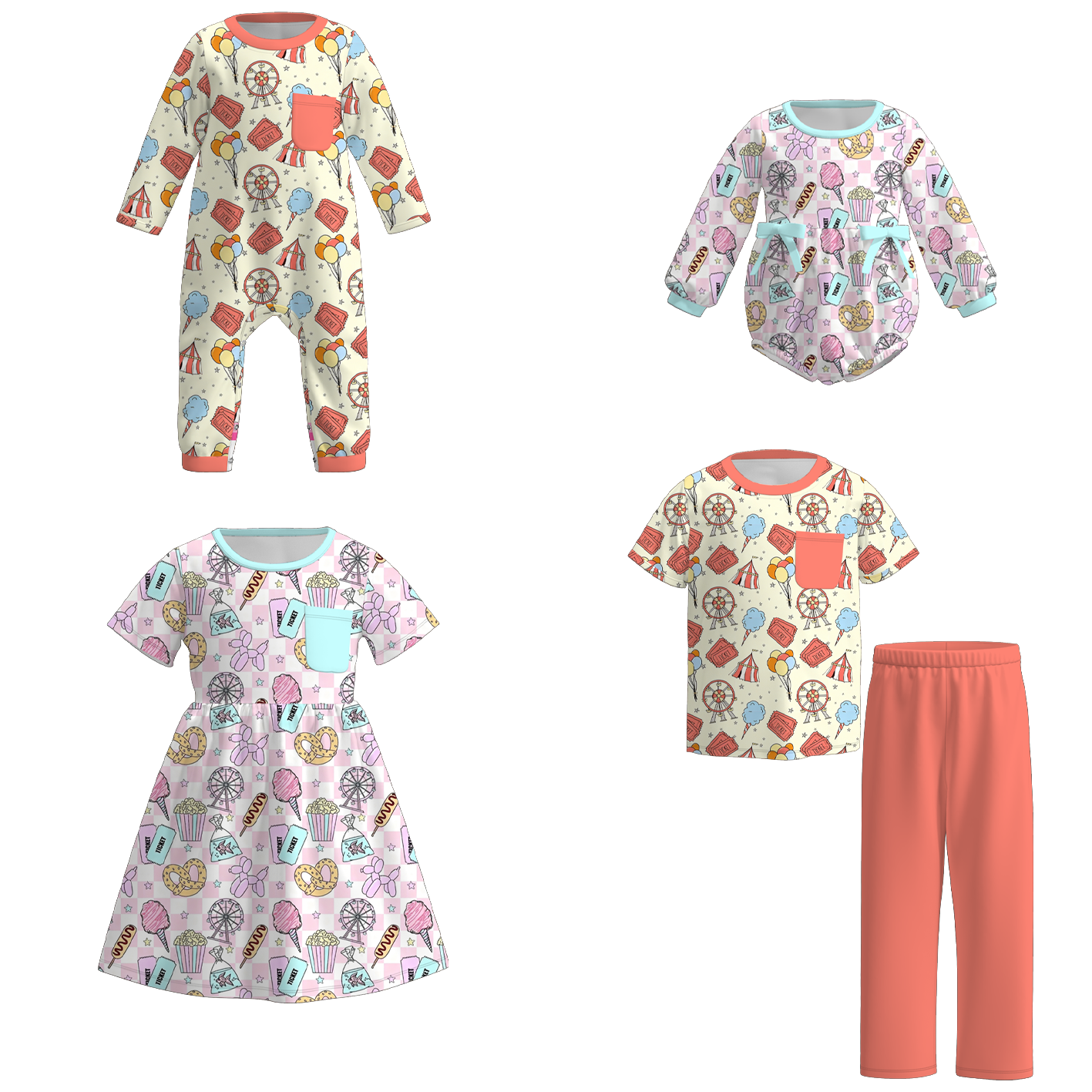 (Pre Order+Prepack Zone)Siblings Fall Amusement Park Print Dress,Set,Pants&Romper