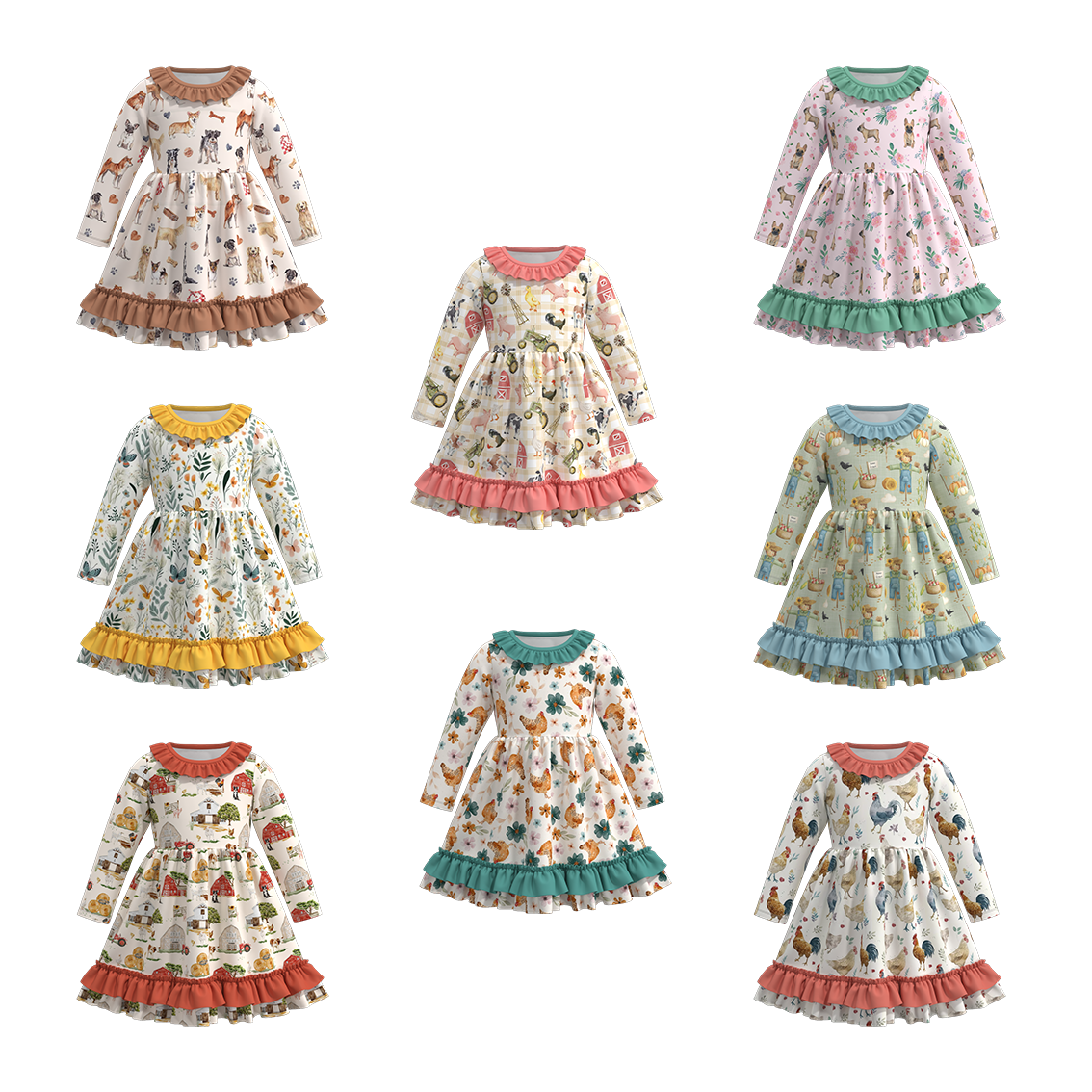 (Pre Order)Girls Fall Cute Animals Print Dress