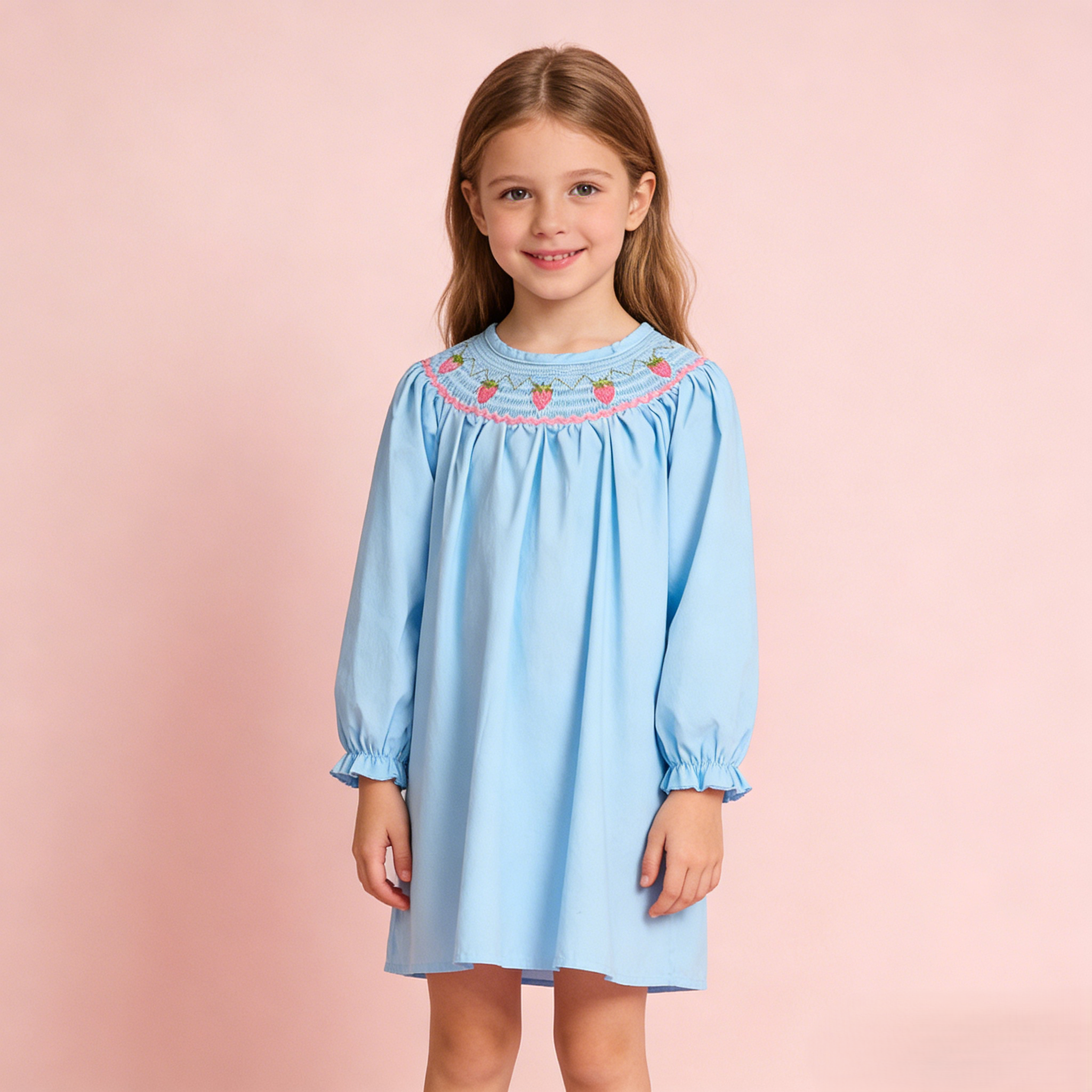 (In Stock)Girls Spring Strawberry Embroidery Smocked Dress