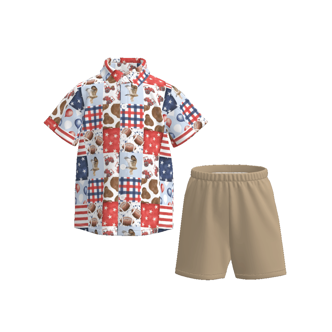 (Pre Order)Boys Patriotic Print Four-way Stretch Shirt Set