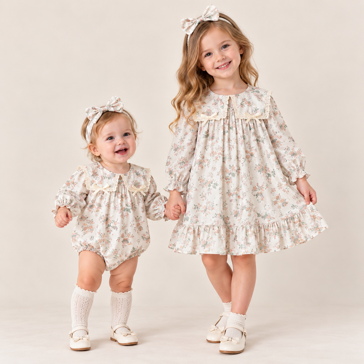 (Pre Order 2 Weeks)Sisters Fall Floral Print Lace Collar Bow Ruffle Dress&Romper
