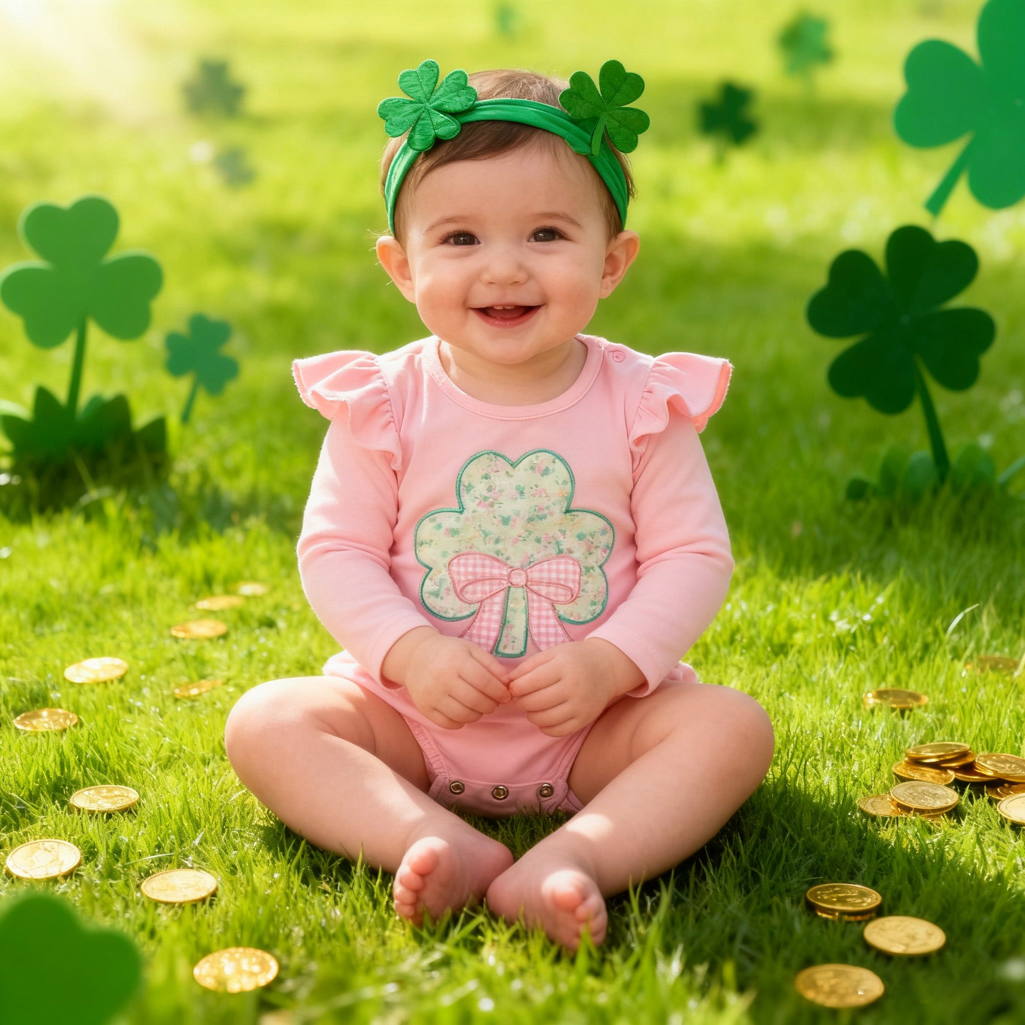 (In Stock)Toddler Girls St. Patrick's Day Shamrock Applique Cotton Romper
