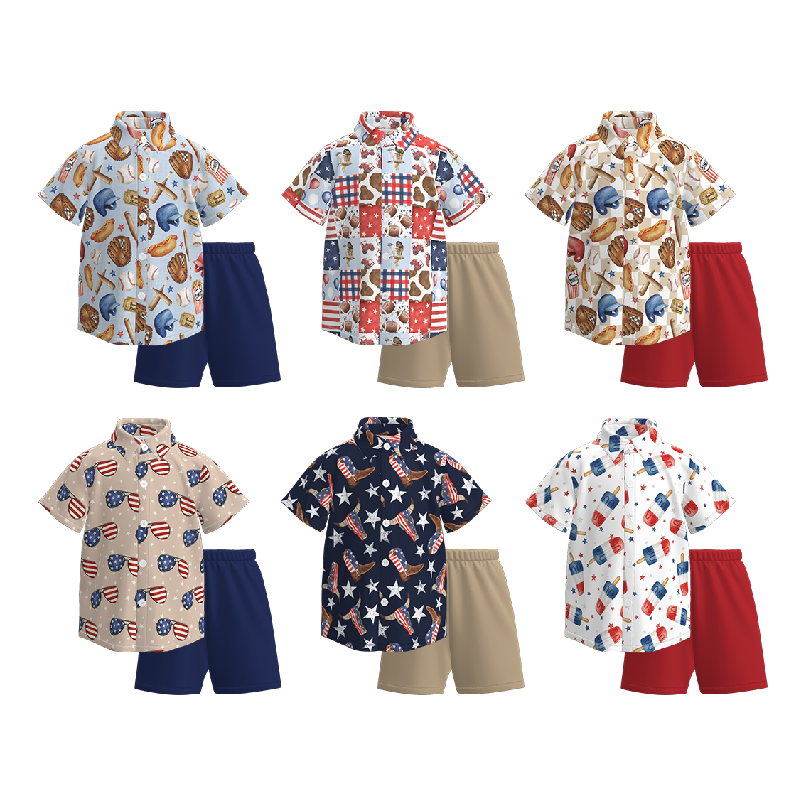 (Pre Order)Boys Patriotic Print Four-way Stretch Shirt Set