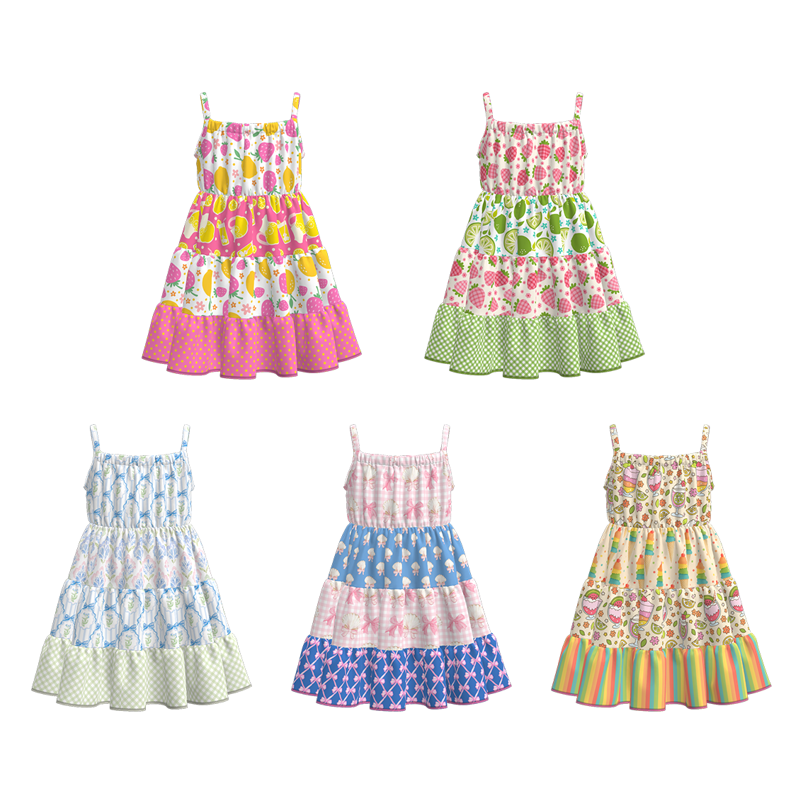(Pre Order)Girls Spring and Summer Fruit&Bow Print Slip Dress