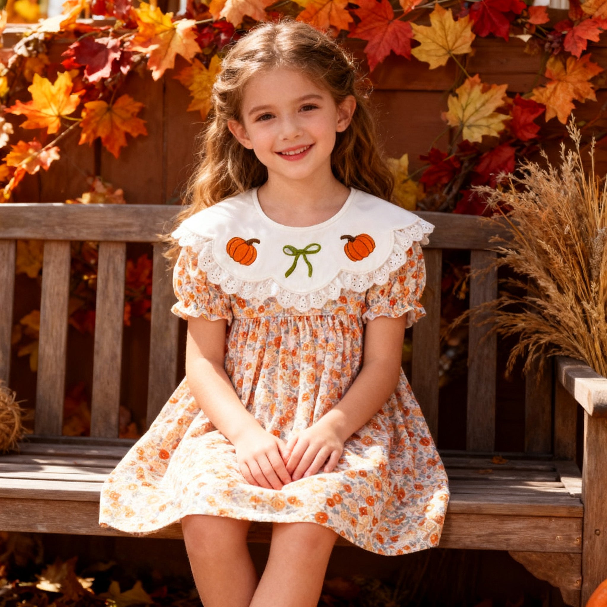 (In Stock)Girls Halloween&Thanksgiving Pumpkin Embroidery Dress