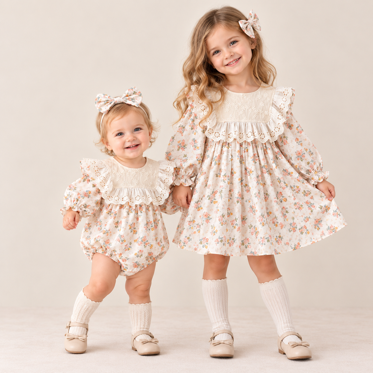 (Pre Order 2 Weeks)Sisters Fall Floral Print Lace Ruffle Dress&Romper
