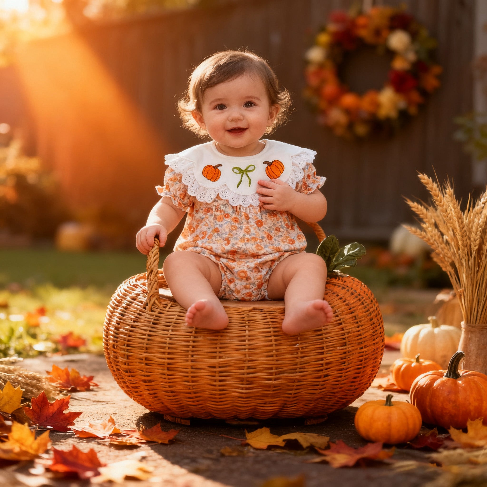 (In Stock)Toddler Girls Halloween&Thanksgiving Pumpkin Embroidery Romper
