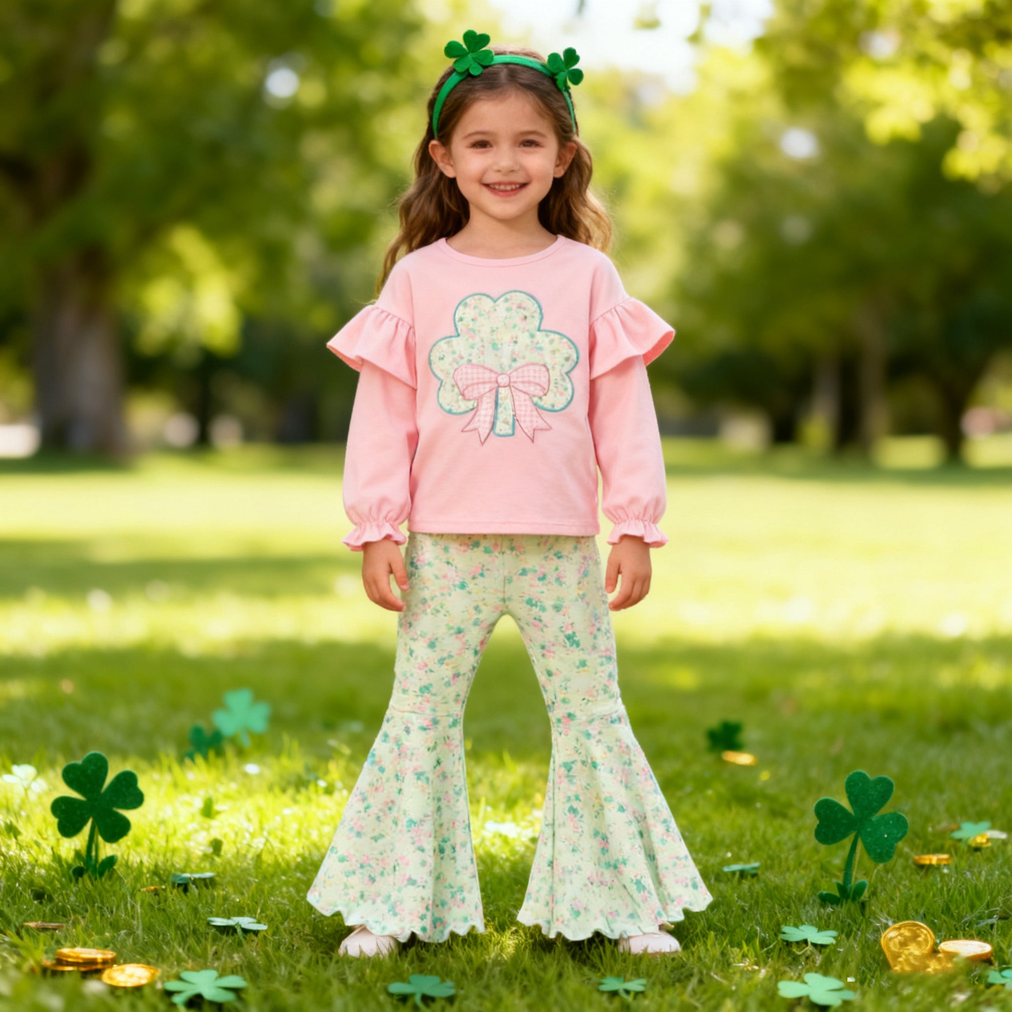 (In Stock)Girls St. Patrick's Day Shamrock Applique Outfit Set