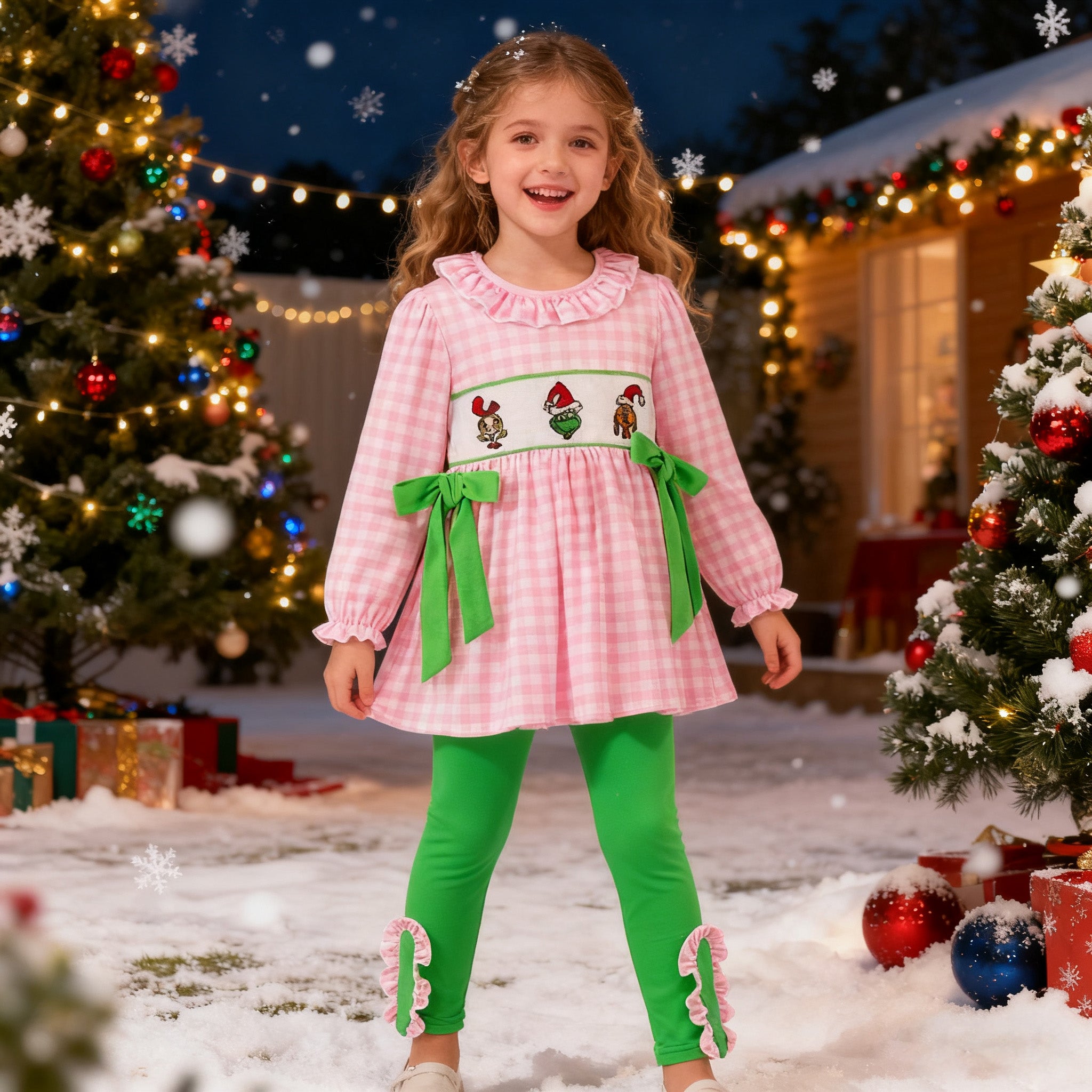 (In Stock)Girls Christmas Cartoon Embroidery Smocked Outfit Set