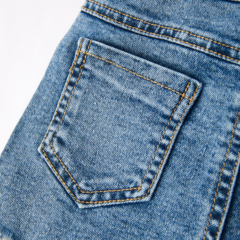 (In Stock)Girls Spring and Summer Stylish Print Denim Shorts Set